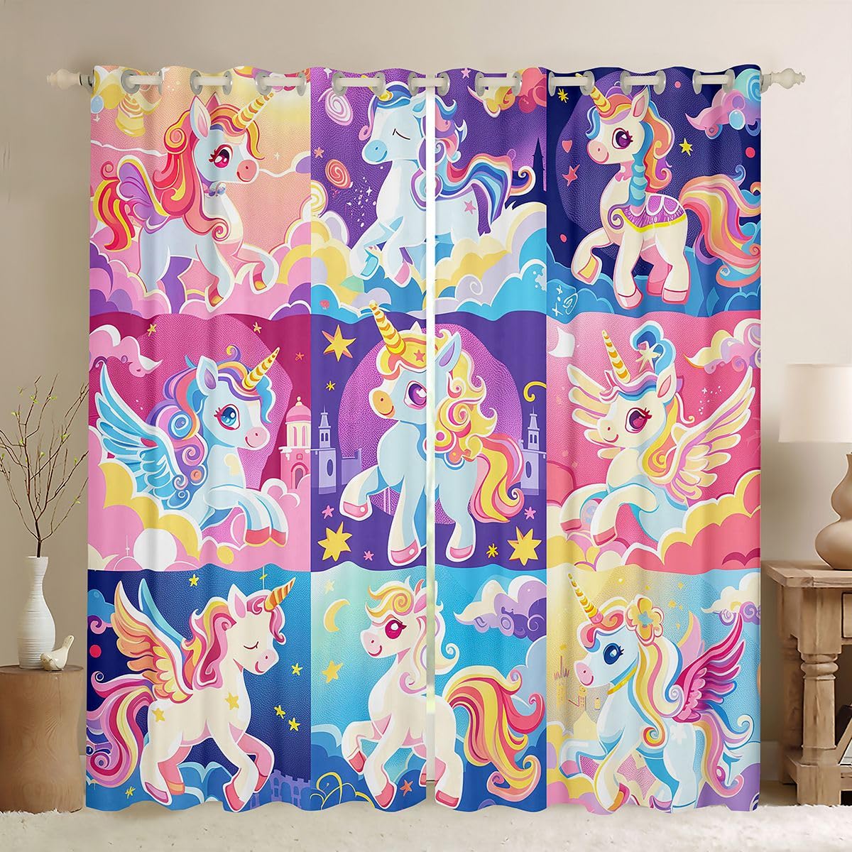 Manfei Lot de 2 rideaux de salon motif licorne mignonne à carreaux de licornes de dessin animé pour femmes et hommes, rideaux de cuisine, rideaux de chambre à coucher, rideaux de chambre à coucher