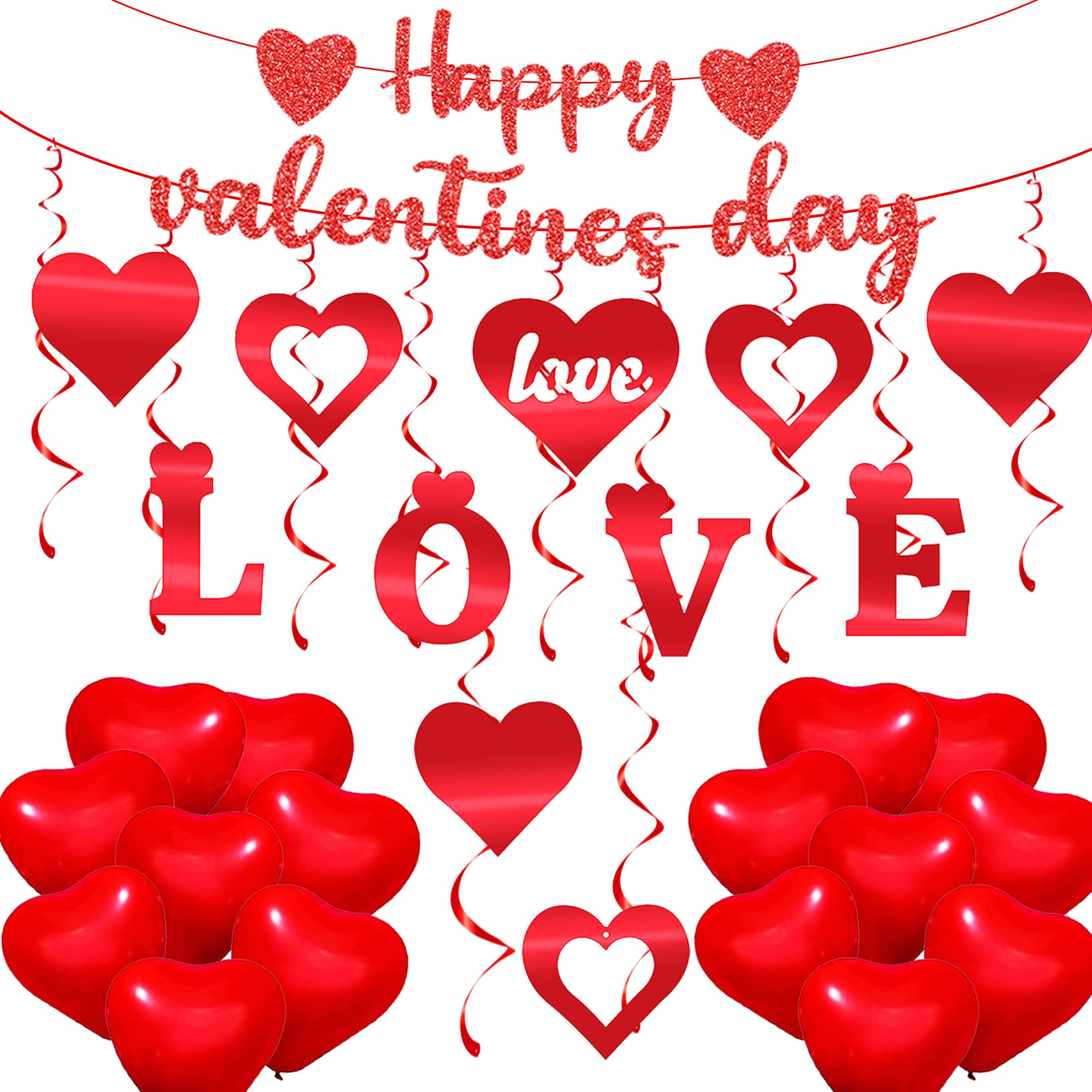 Valentines Day Decorations Heart Hanging Decoration 16Pcs Red Heart Valentine's Day Balloons Happy Valentines Day Banner Bunting for Valentines Day Party Decorations Wedding Supplies Accessories