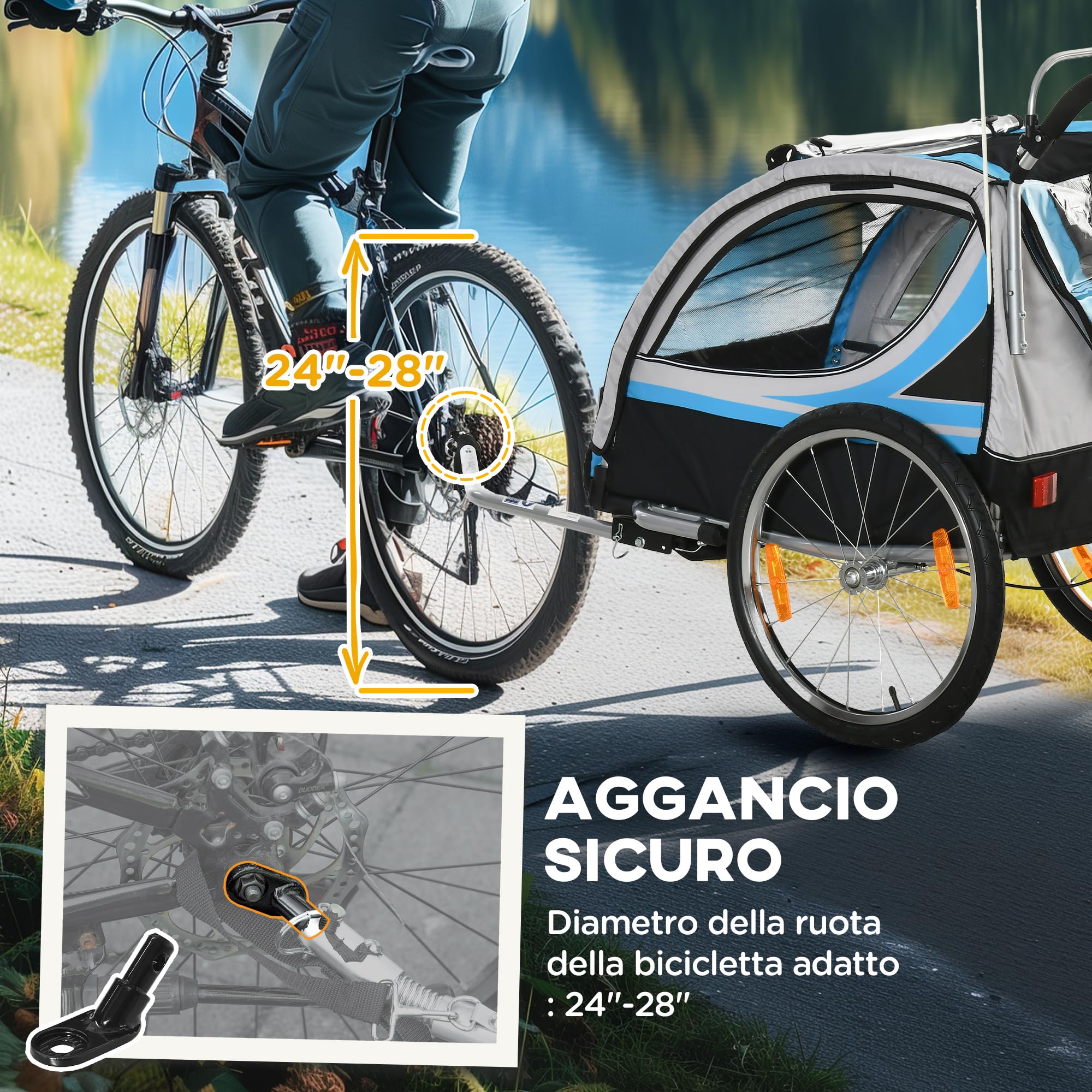 HOMCOM Rimorchio Bici per Bambini 2 in 1 Passeggino con Freno, Cintura a 5 Punti