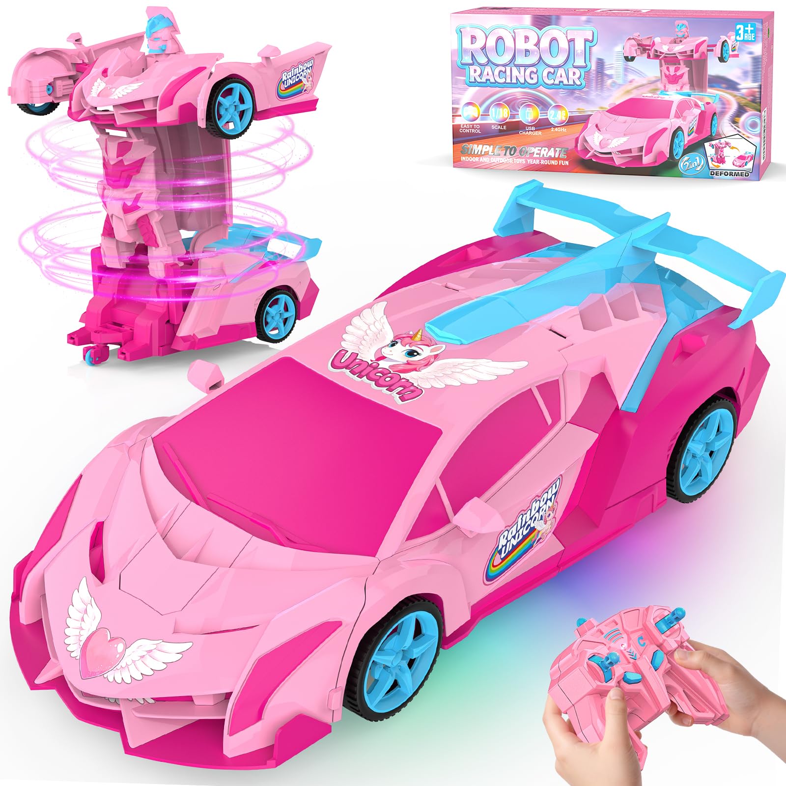 Boocang Unicorn Remote Control Car for Girls, Pink RC Robot Car Transformable 1:18 2.4GHz Racing Vehicle Toy for Kids Age 3 4 5 6 7 8 9 10 Years Old Children Christmas Birthday Gift Present