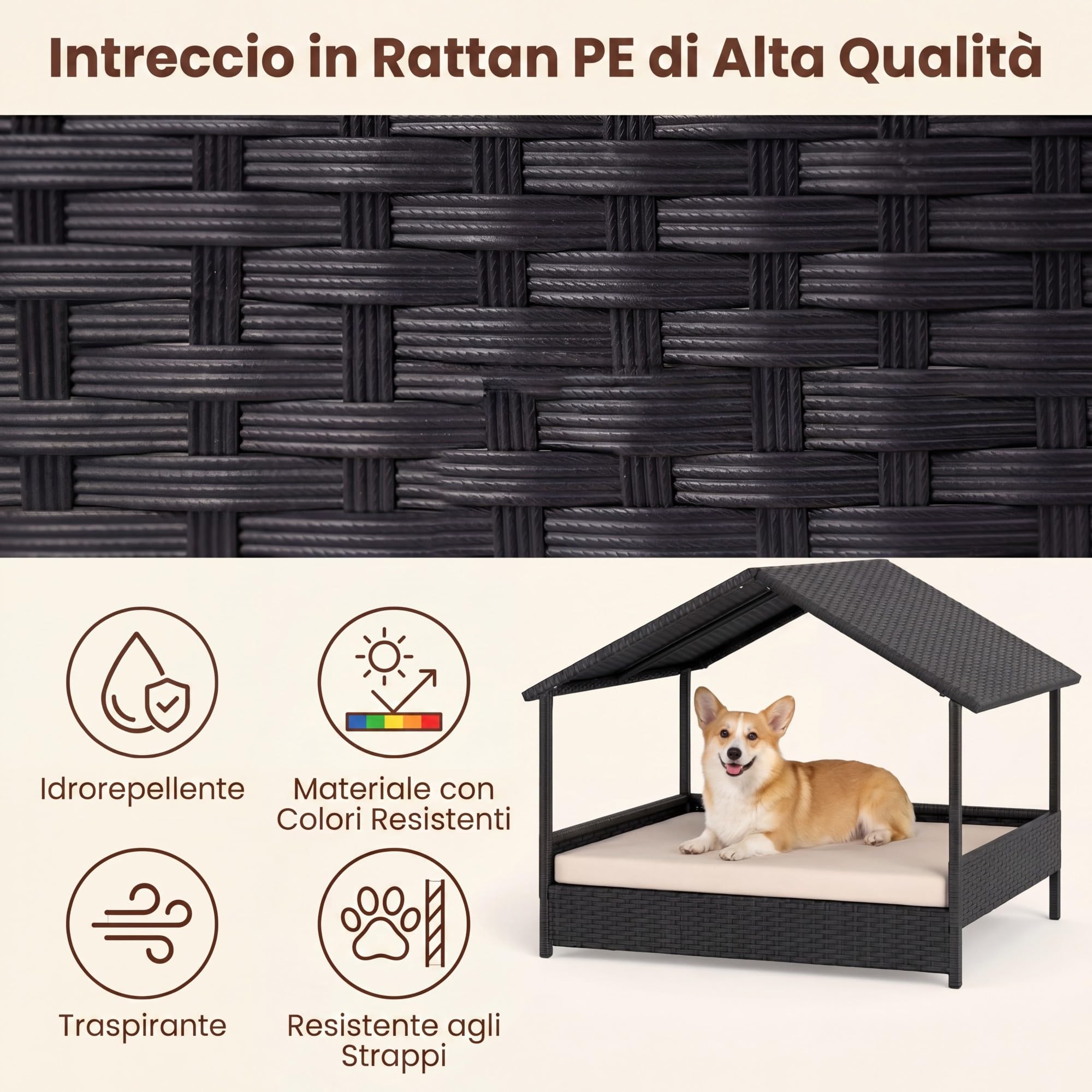 GYMAX Letto per Cane con Cuscino, Cuccia per Cane da Esterno in Rattan PE con Tetto a Spiovente e Base Rialzata, Ventilata & Impermeabile, per Esterno & Interno, 98 x 68 x 74 cm (Beige)