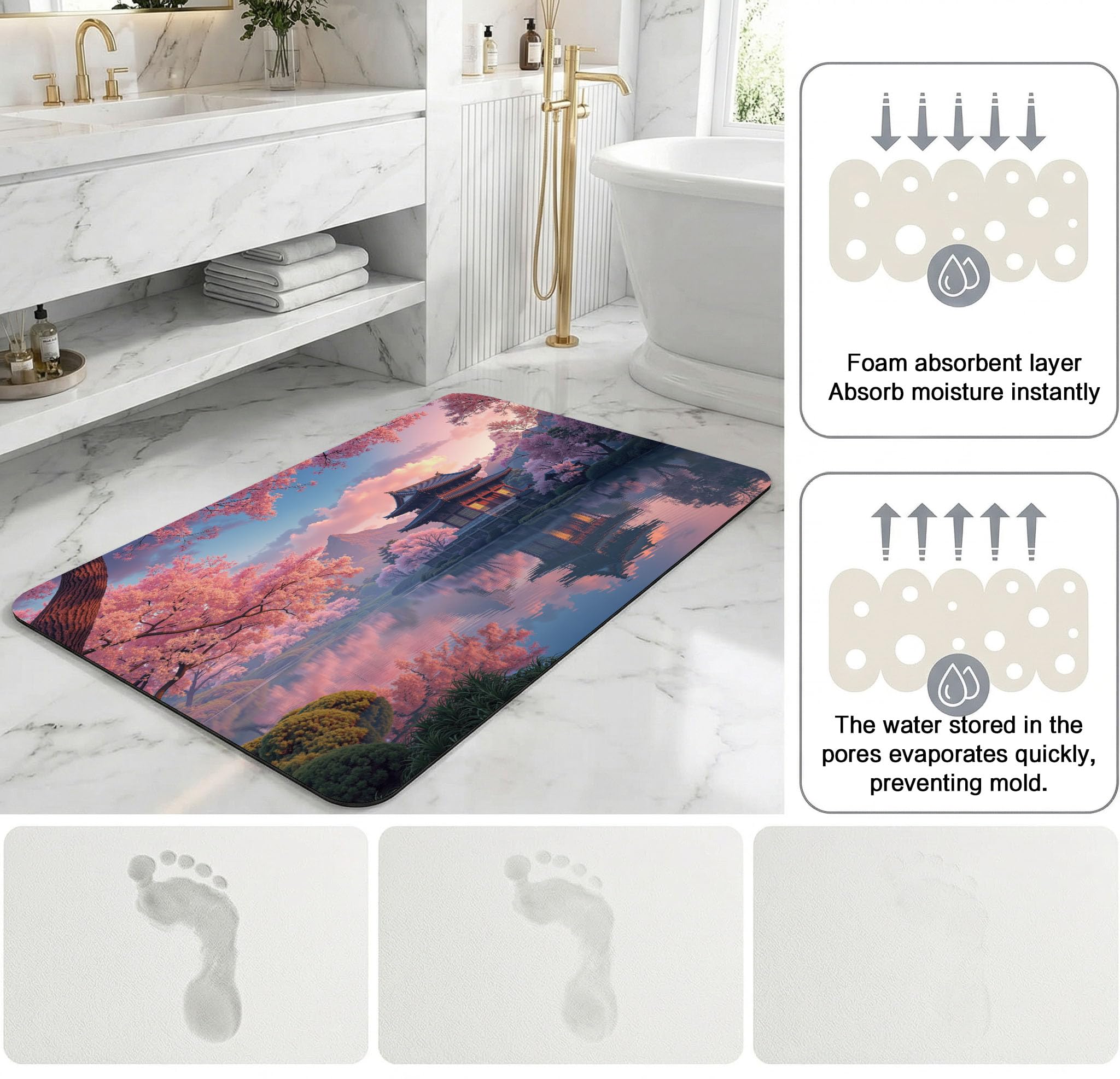 Acquerello Giapponese Set di Tappetini da Cucina Antiscivolo in 2 Pezzi, Tappetini Tempio Dei Ciliegi In Fiore Lavabili per Corridoio Sala da Pranzo e Ingresso, 50x80+50x150cm