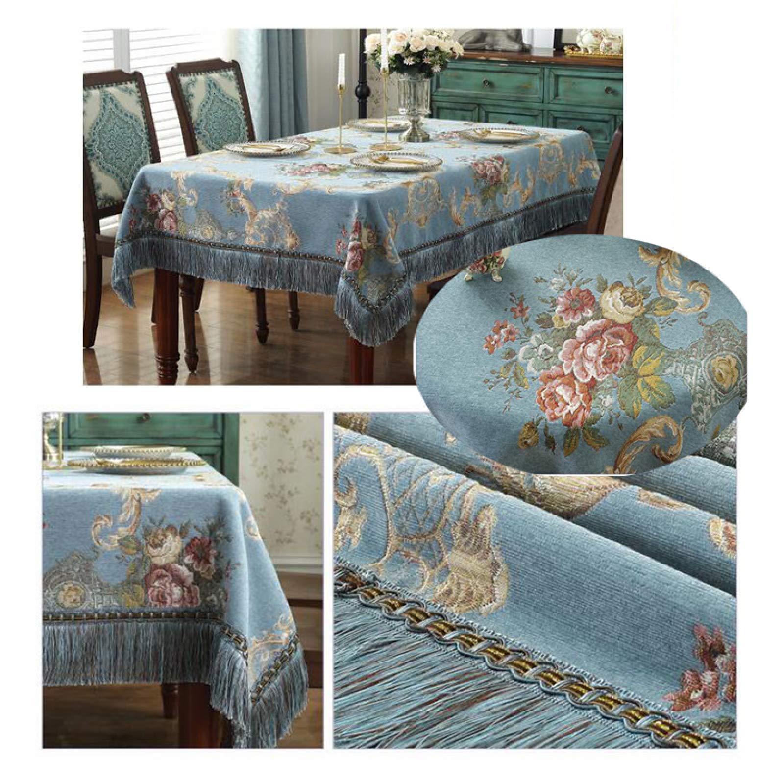Obrus szenilowy w stylu vintage, z koronką z frędzlami, nadaje się do prania, obrus do kuchni, jadalni, na imprezę, 150 x 220 cm, elegancka dekoracja domu