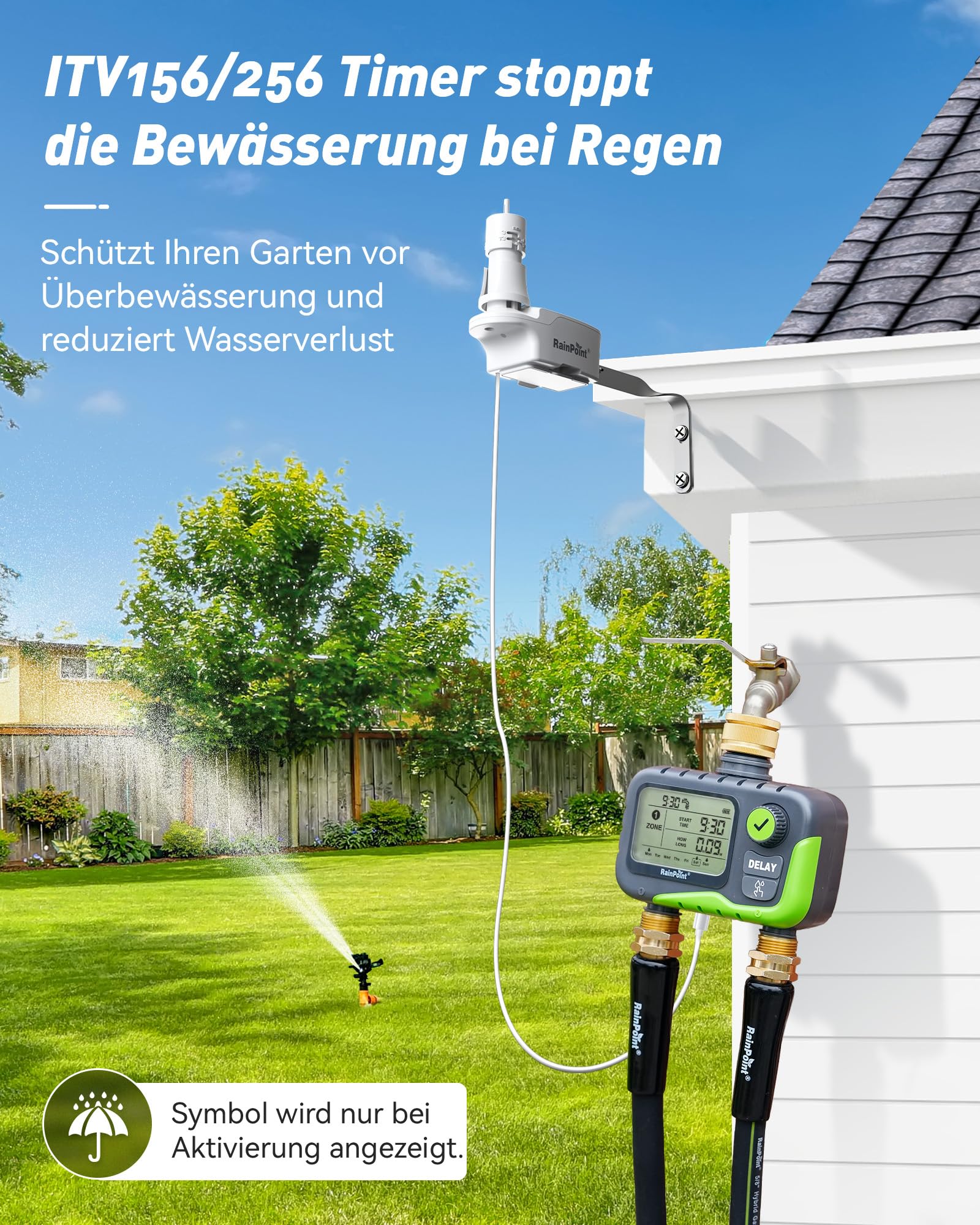 RAINPOINT Bewässerungscomputer mit 2 Ausgängen, großes All-in-One LCD-Display, 2-Zonen Zeitschaltuhr Set mit Regensensor, automatischer Regenstopp, Regenverzögerung, IP65 wasserdicht für Garten