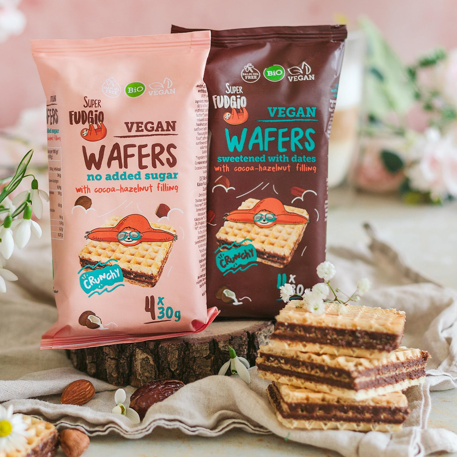 SUPER FUDGiO Bio Waffles con crema de cacao y avellana sin azúcar ni aceite de palma, sin azúcar añadido, 4 x 30 g (8 unidades)
