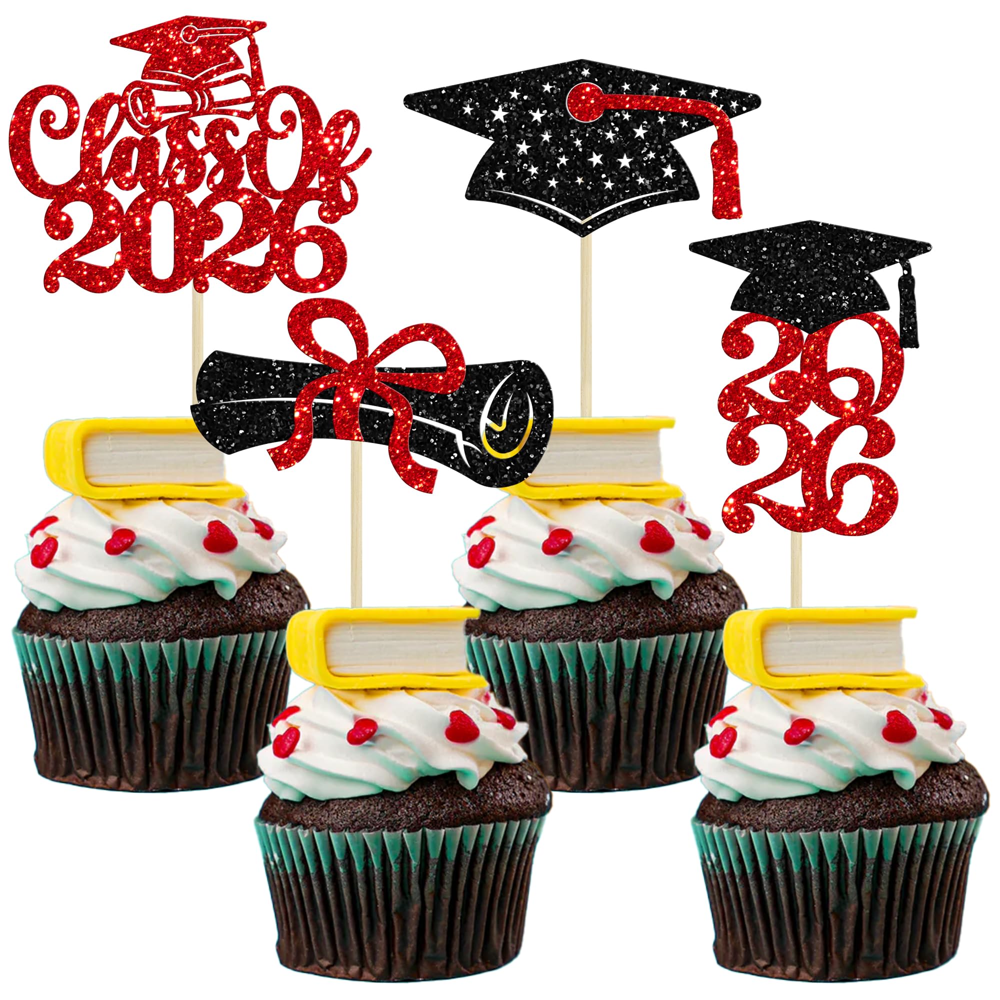 Ephlyn 24Pcs Graduation Cupcake Toppers Glitter Class of 2026 Diploma Grad Cap Cake Decorations 2026 Graduation Cupcake Picks for 2026 Graduation Theme Party Cake Decoration Supplies Black Red