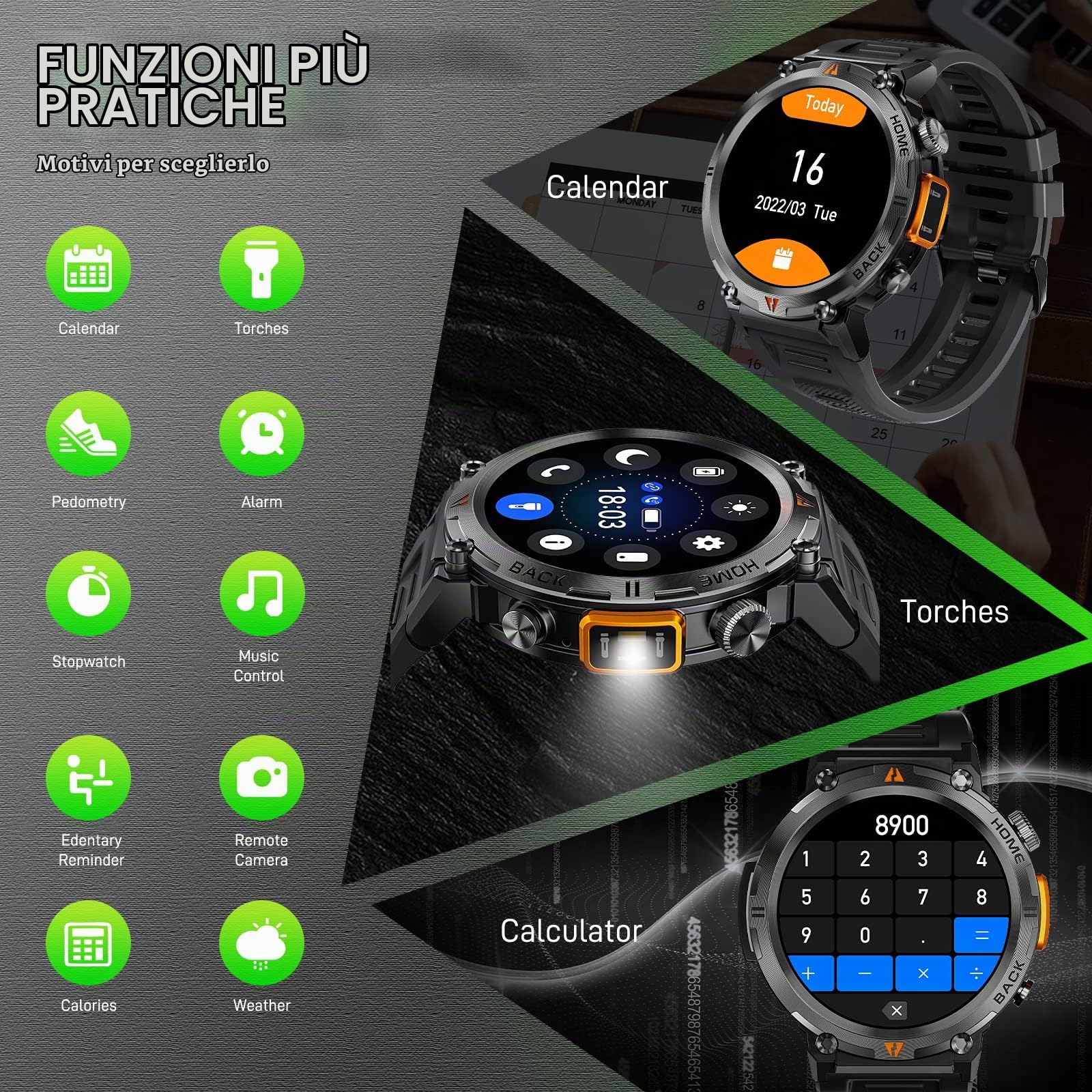 Smartwatch Militare Uomo Orologio Impermeabile 3ATM con Torcia LED | 1,45" HD Rugged Smartwatch Militare con Chiamate, Orologio Fitness con 110+ Modalità Sport Notifiche WhatsApp per Android iOS
