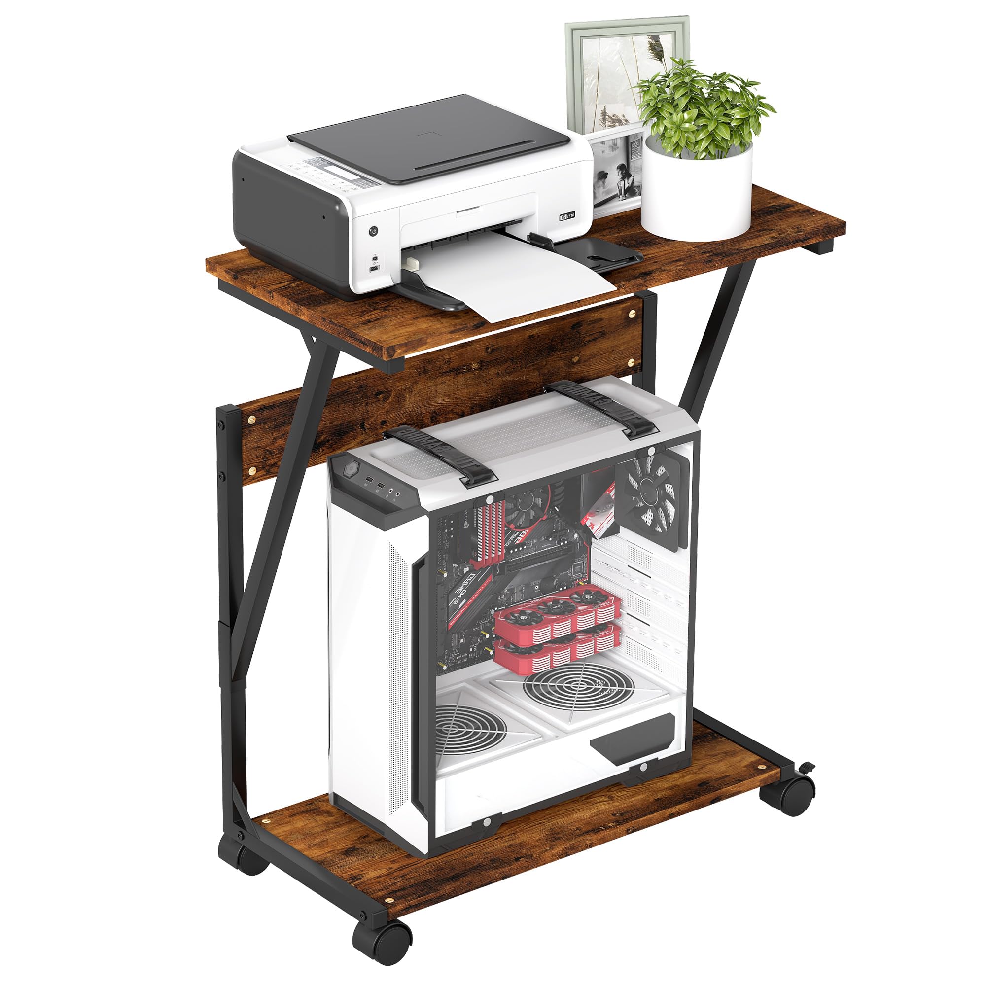 lesolar PC Tower Stand,Printer Stand,Laptop Table Furniture,PC Trolley,Mobile Desktop Printer Cart,Under Desk CPU Stand,2-Tier Metal Floor Stand with Lockable Castor Wheels Sturdy
