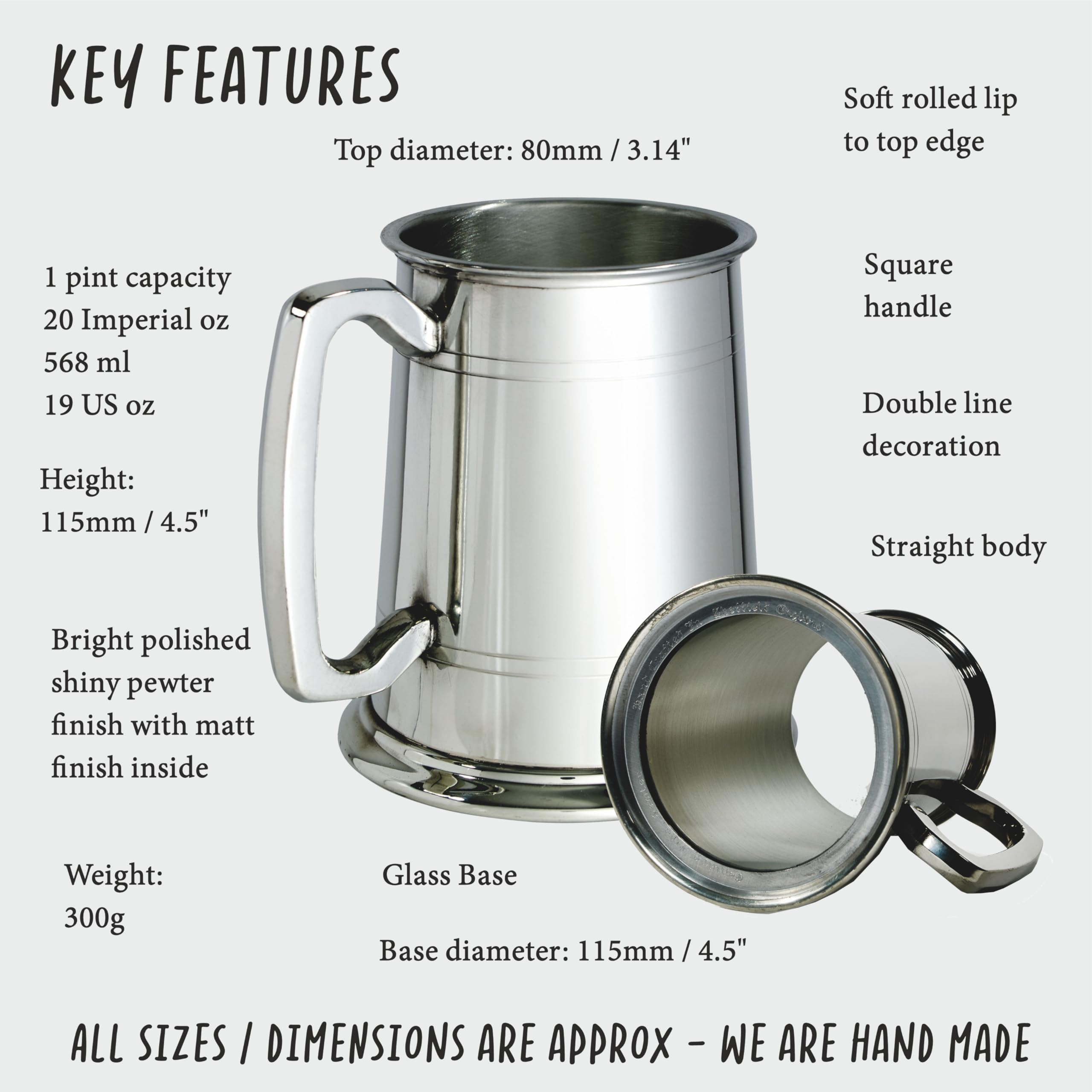 Wentworth Pewter - Chope en étain de 1 pinte standard avec fond en verre, gravure gratuite, mariage, témoin, anniversaire, fête des pères, départ à la retraite, en coffret cadeau
