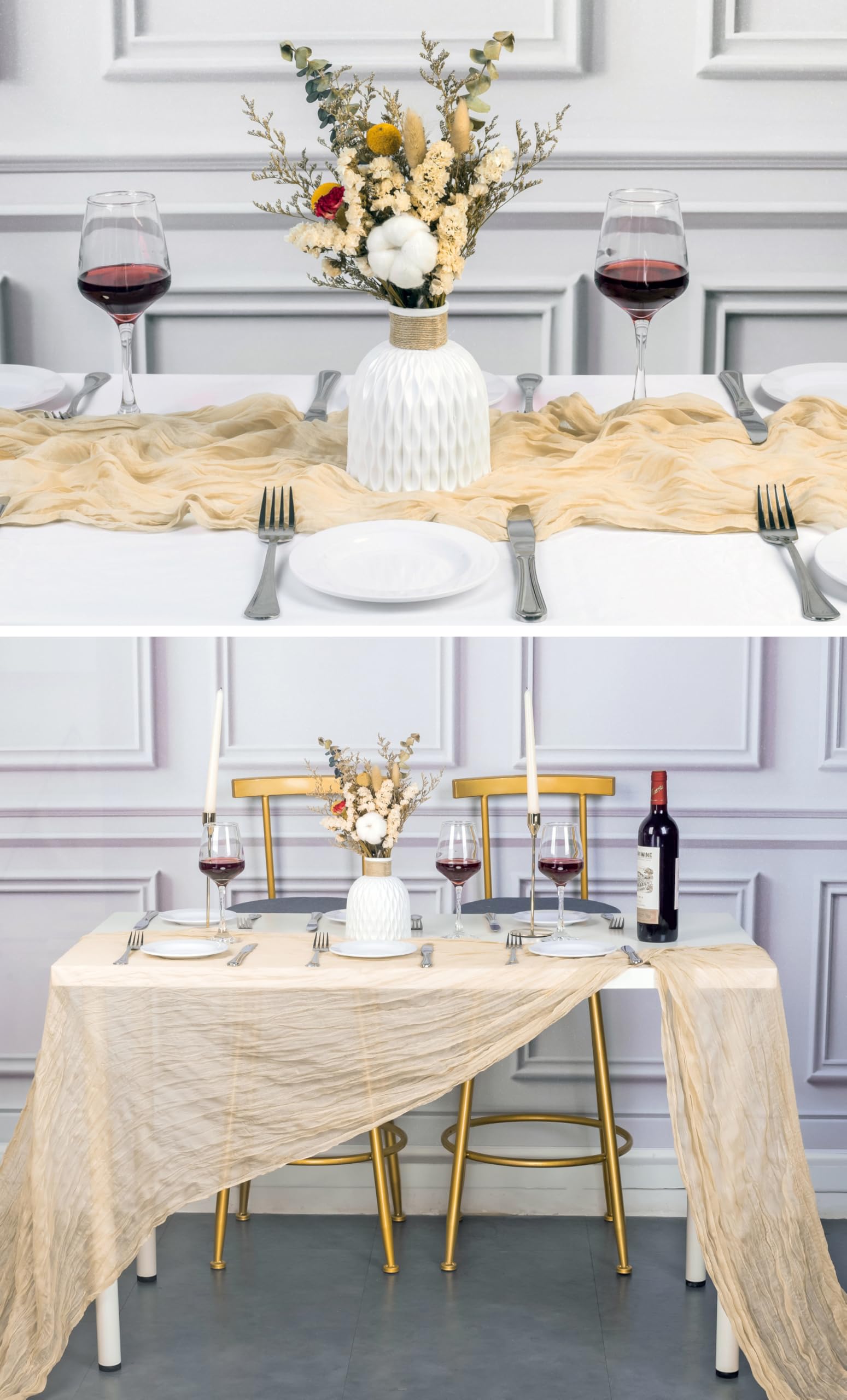 Paquete de 6 caminos de mesa de gasa beige de 13 pies de tela de gasa color crema, camino de mesa de 35 x 160 pulgadas de largo, rústico, traslúcido, para boda, novia, baby shower, fiesta de