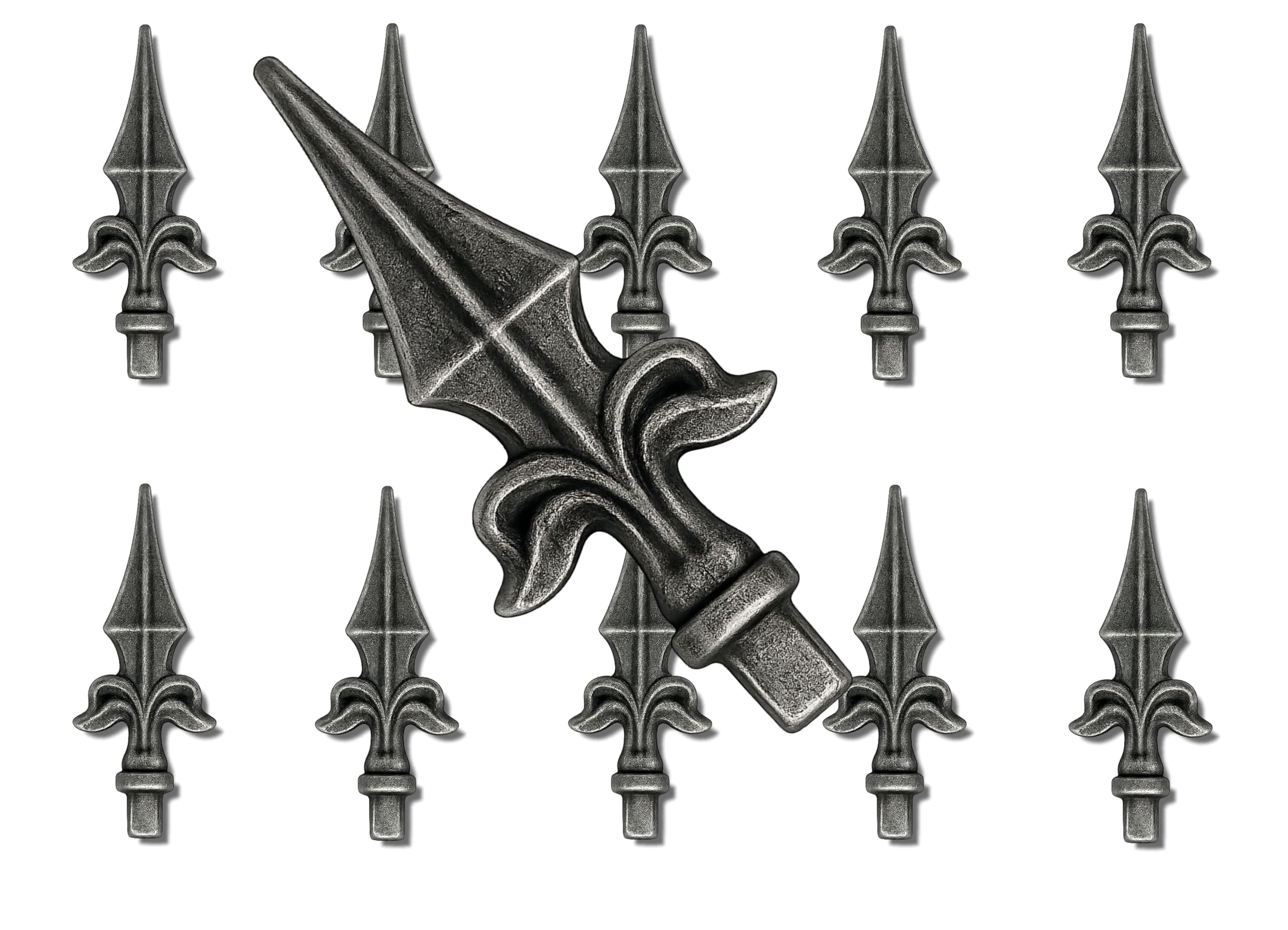 Punta de valla de hierro forjado, 10 piezas forjadas de acero, punta decorativa rústica de hierro, punta de metal, punta de lanza (130x55mm, 10 uds., diámetro de acoplamiento Ø12mm)