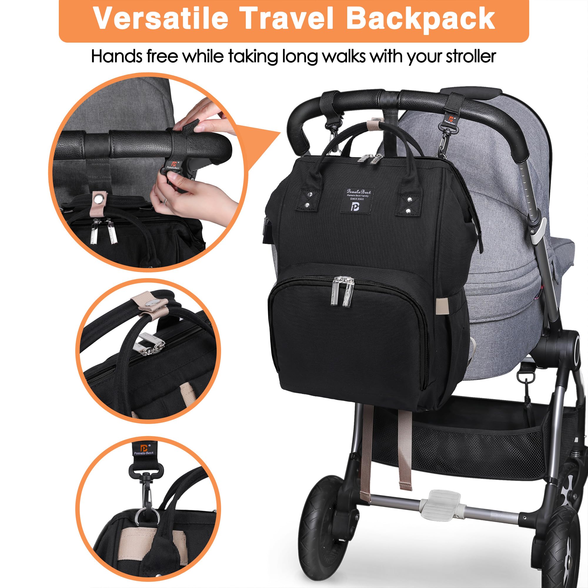 Pomelo Best Zaino Mamma neonato Fasciatoio Bambino impermeabile Borsa Nappy Stoffa Oxford Grande capacità con Materassino fasciatoio, 2 tasche isolanti bottiglia per Viaggiare mamma papà, Nero