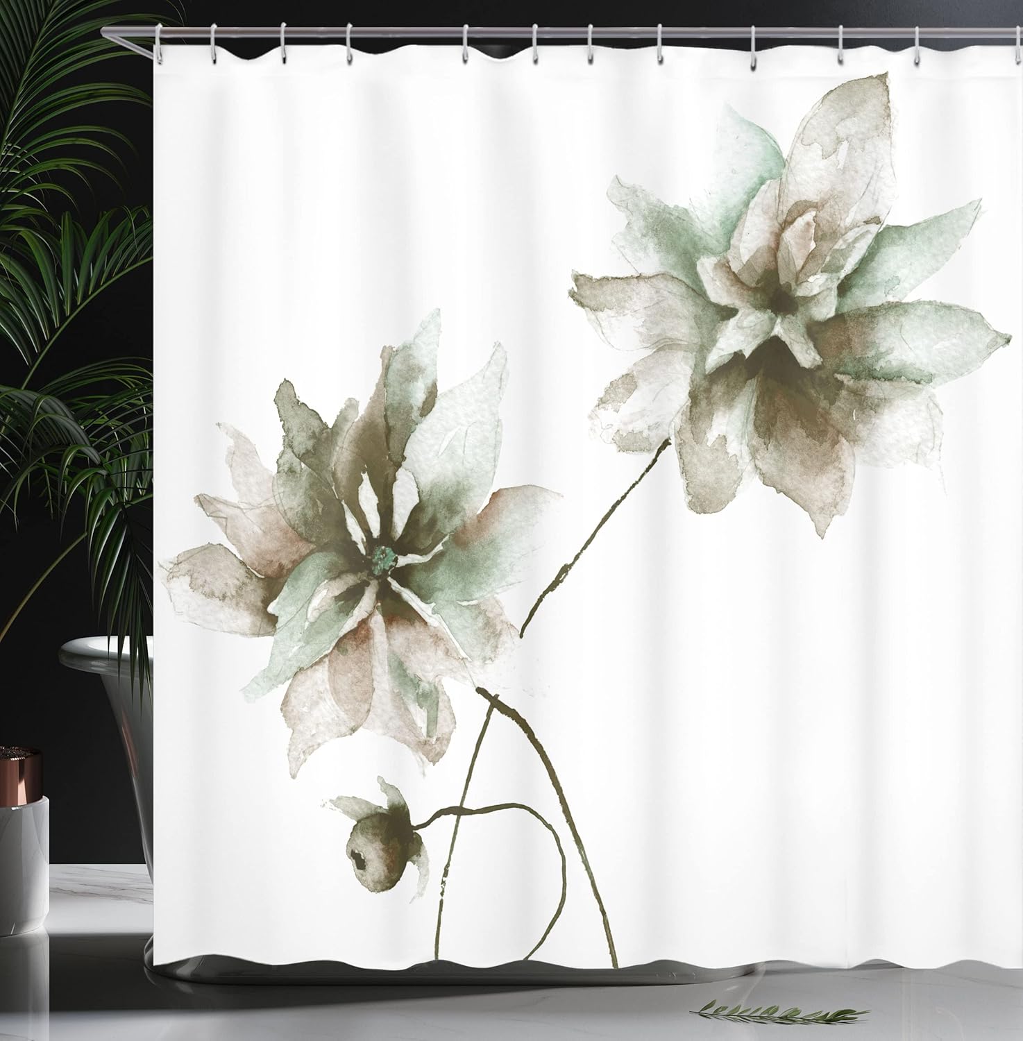 Ambesonne Watercolor Flower Shower Curtain, Flora Drawing Soft Spring Colors Retro Style Floral Artwork, Cloth Fabric Bathroom Decor Set with Hooks, 69" W x 75" L, Dark Khaki