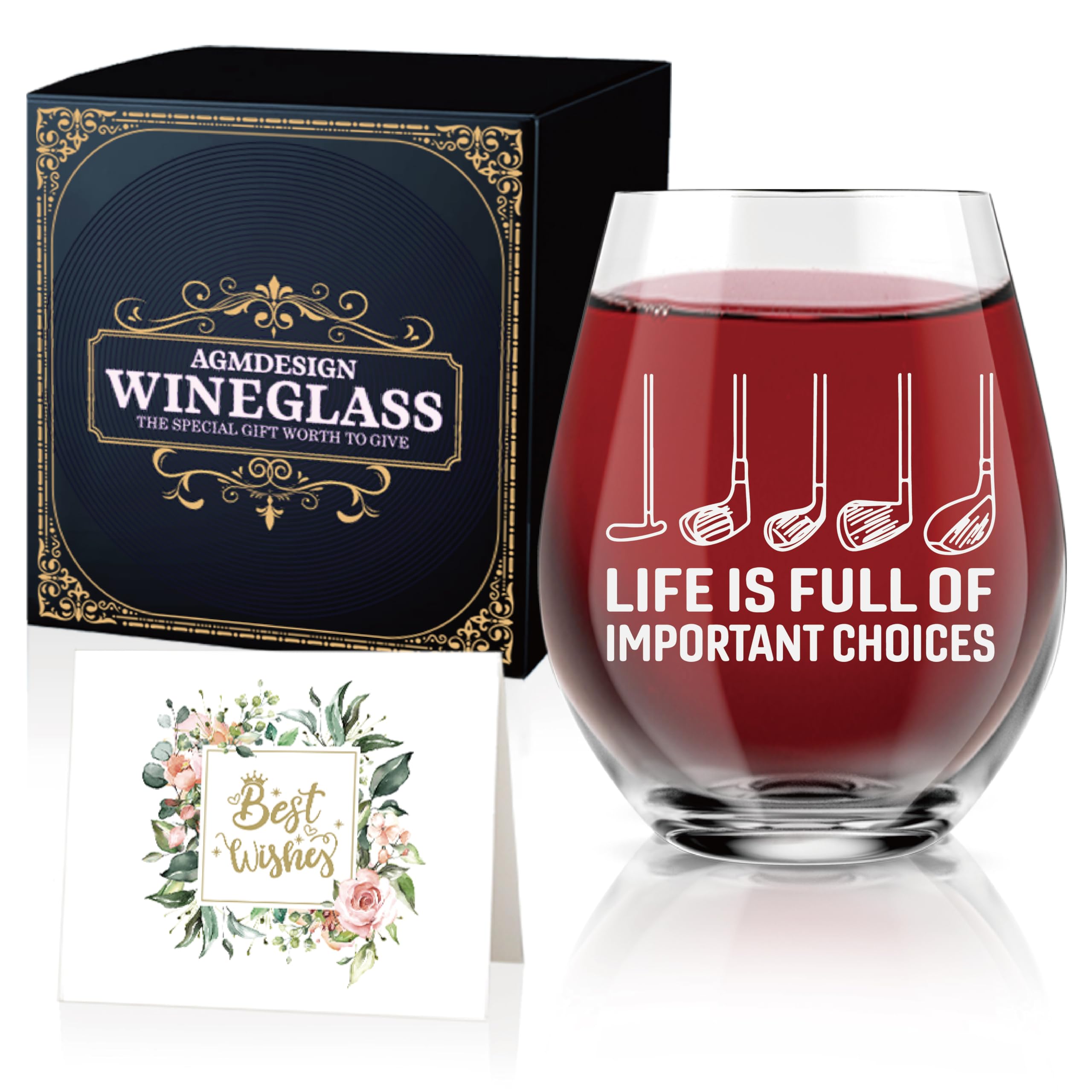 AGMDESIGN Life is Full of Important Choices Funny Wine Glass with Gift Box, Golf Accessories for Men and Women, Christmas Birthday Retirement Gifts for Grandparents Dad Mom Wife Golf Lovers