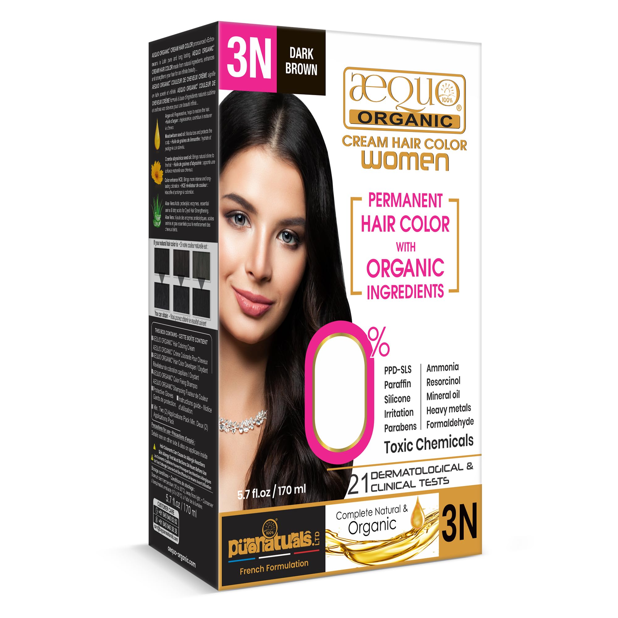 Aequo Organic Cream Hair Colour With QH+ Water | Natural, 100% Grey Coverage, Long-Lasting, PPD & Ammonia Free Permanent Hair Conditioning Color For Women | 3N Dark Brown 170ml, Pack Of 1