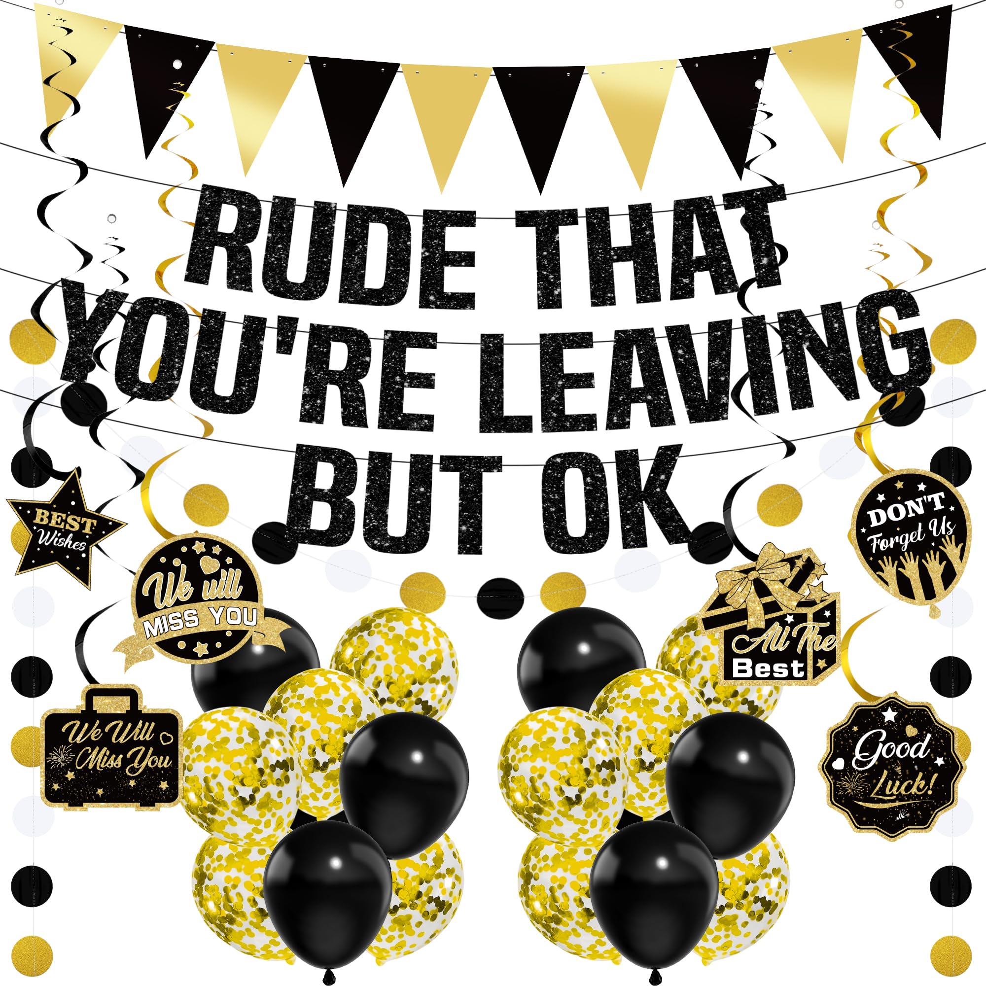 Sorry Your Leaving Decorations Banner - 29 Pcs Retirement Party Decor Including Black Rude That You're Leaving But Ok Banners, We Will Miss You Hanging Swirls for Colleagues Goodbye Party Supplies โ image 1