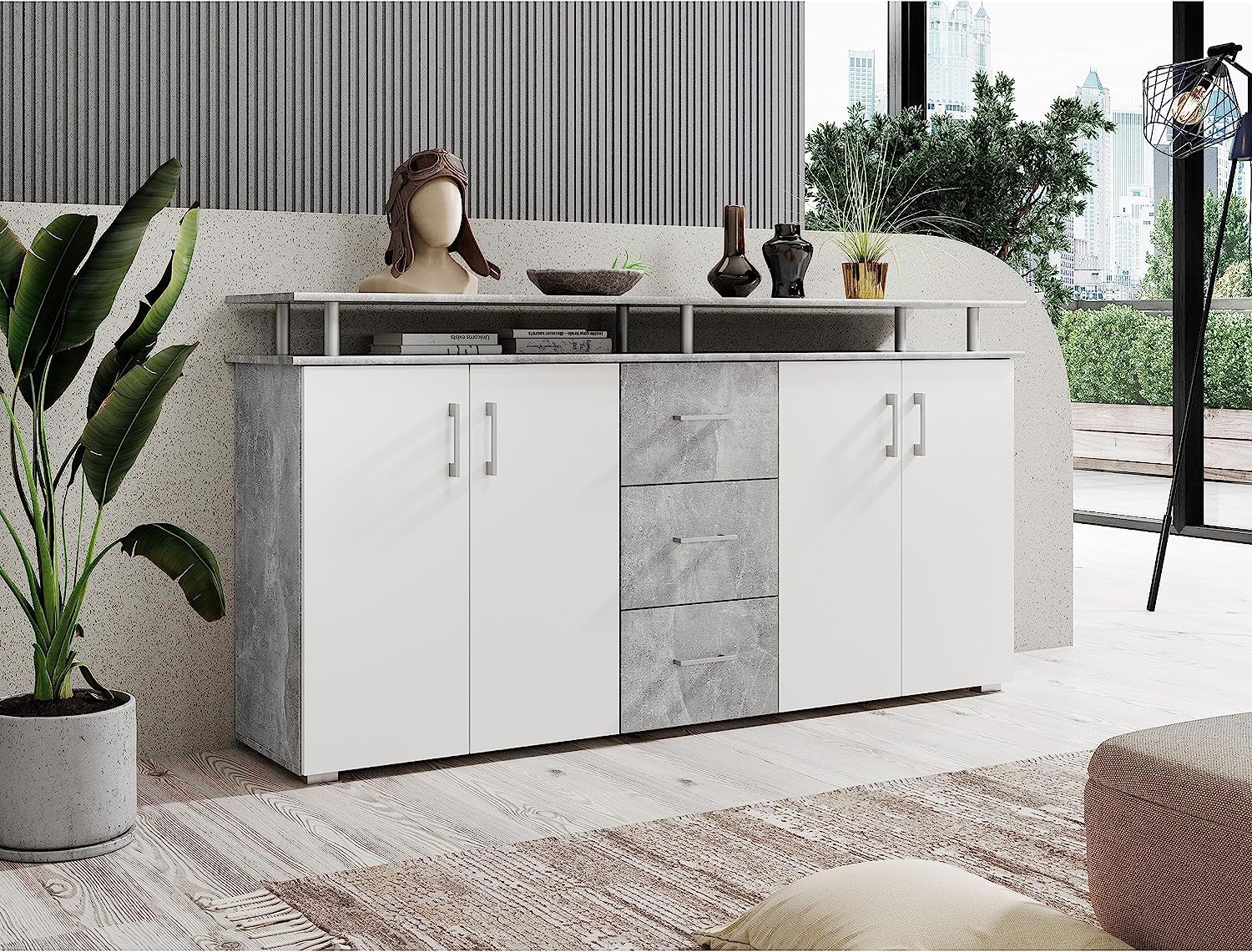 AVANTI TRENDSTORE - Lift - Comò spaziosa con 4 Ante a Battente e 3 cassetti, in Laminato Disponibile in 2 Diversi Colori, Dimensioni: Lap 176,5x90x38,5 cm (Grigio/Bianco)