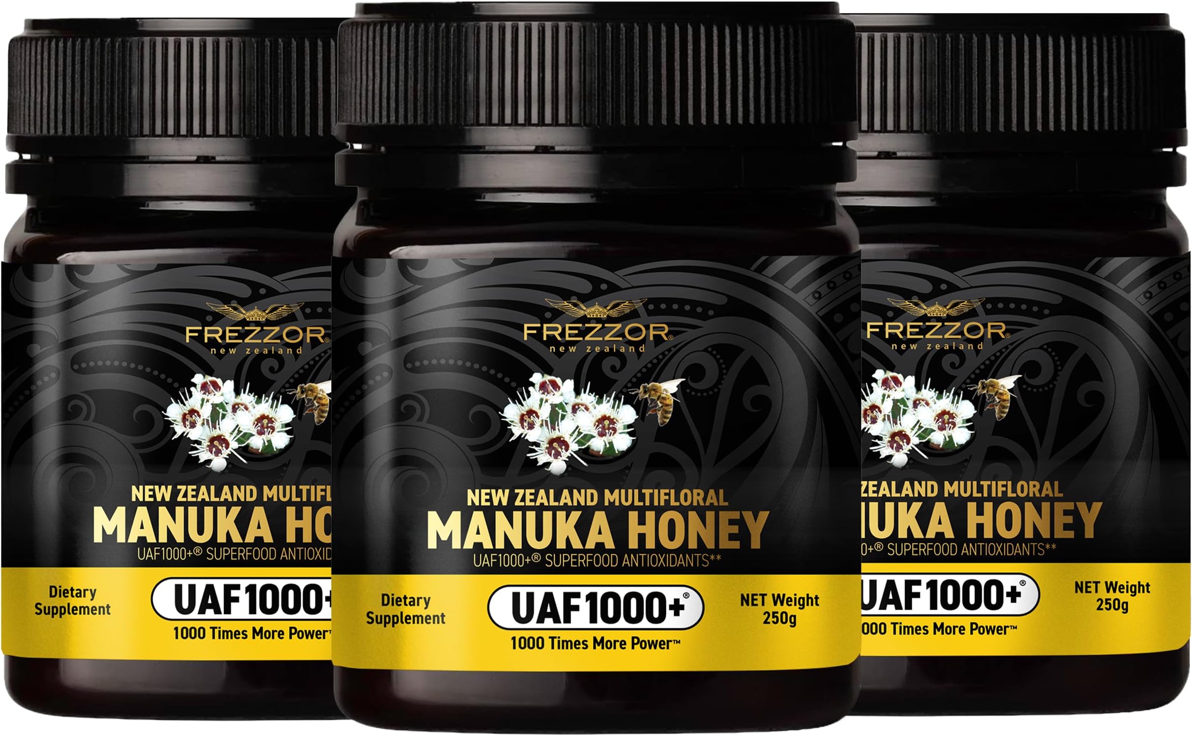 FREZZOR Premium Raw Multifloral Manuka Honey New Zealand with UAF1000+ Super Antioxidant, 1000x More Power, Best Support for Everyday Wellness, Probiotic, Antioxidant Superfood, 3 Jars (26.4oz/750g)