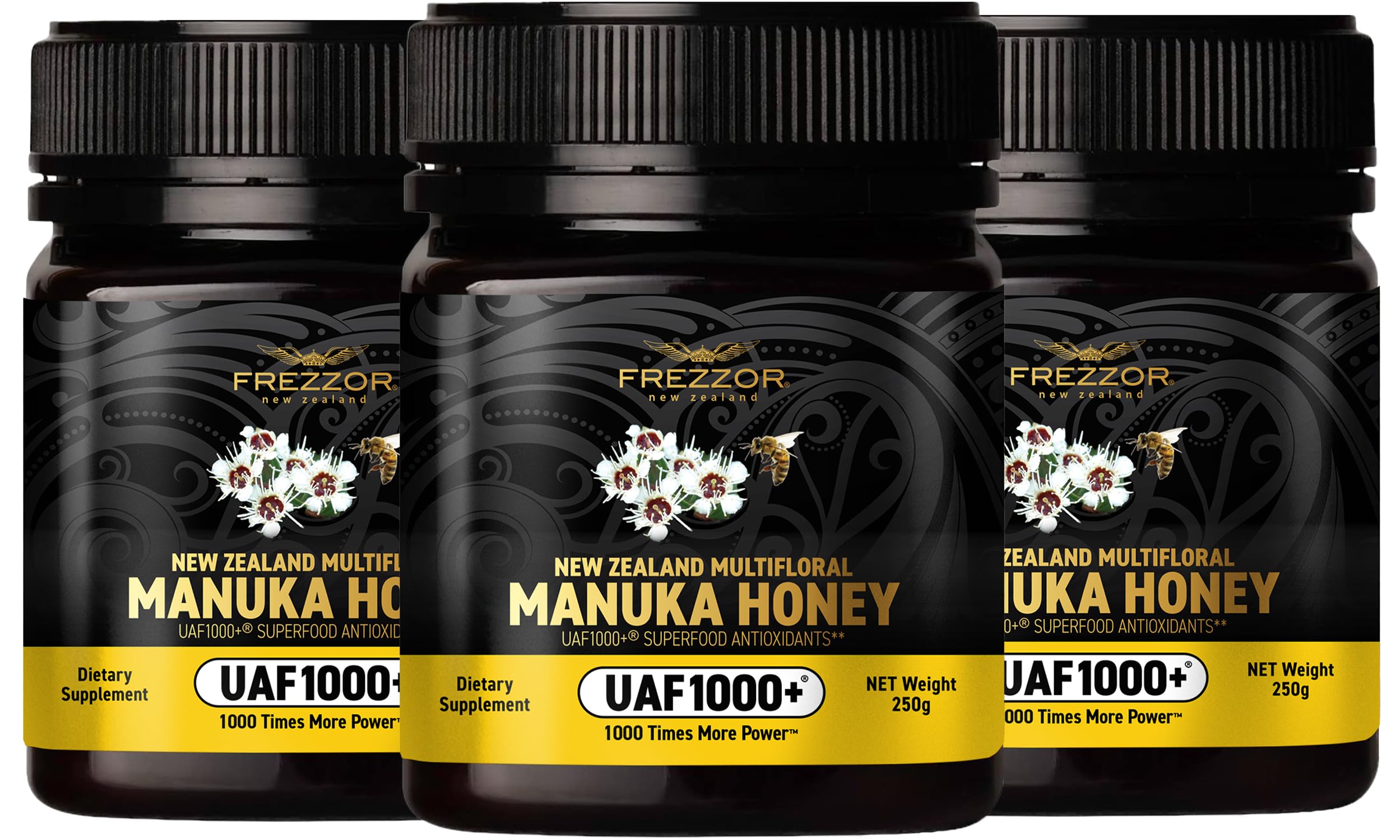 FREZZOR Premium Raw Multifloral Manuka Honey New Zealand with UAF1000+ Super Antioxidant, 1000x More Power, Best Support for Everyday Wellness, Probiotic, Antioxidant Superfood, 3 Jars (26.4oz/750g)