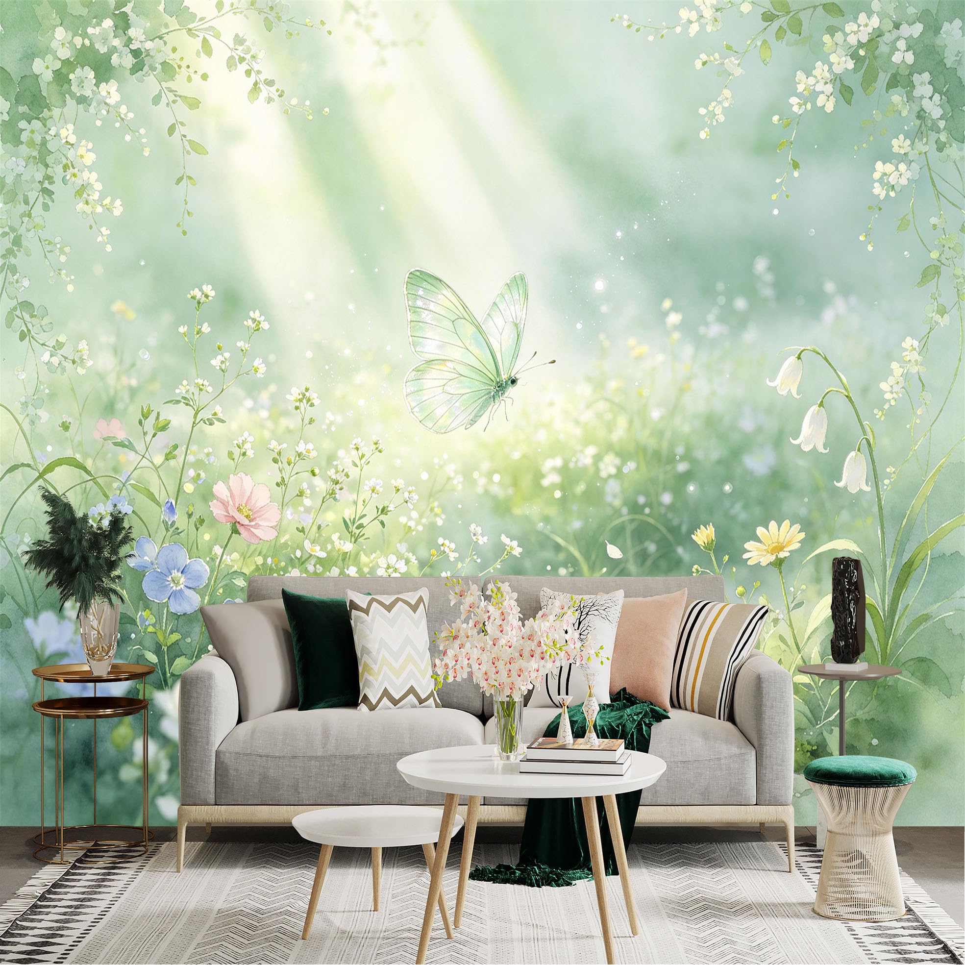 Lnzczhyre Bh260719211 Custom Size Wall Sticker Mural， Watercolor Butterfly In Sunny Meadow， Soft Pastel Wildflowers， Blooming Spring Garden， Ethereal Light， For Wall Decoration， Peelandstick Wall Decals.