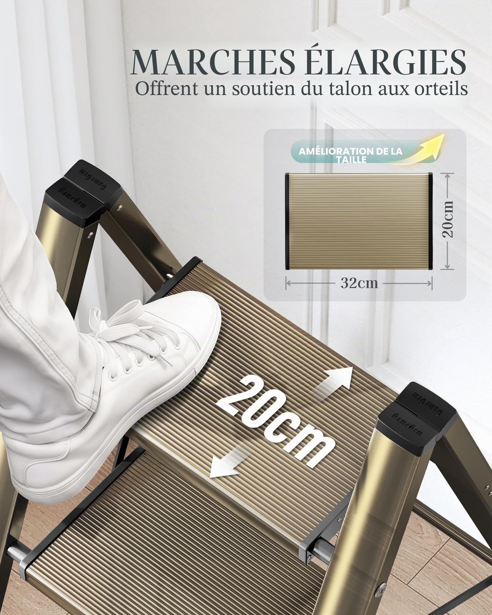Escabeau pliable à 3 marches avec large pédale antidérapante, matériau en aluminium léger mais robuste, charge de 150 kg, aspect moderne mignon pour les espaces domestiques intérieurs,
