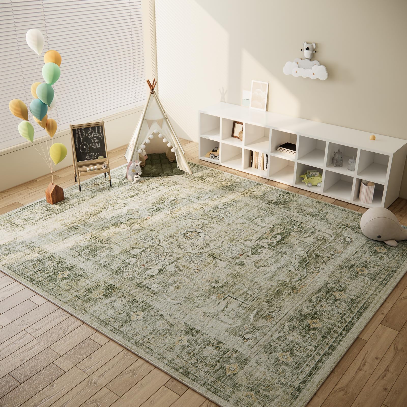 machine washable living room rug: 5'x7' bedroom area rug boho vintage large rugs stain resistant non slip low pile faux wool soft rug for dining room bedside kitchen entryway nursery home office
