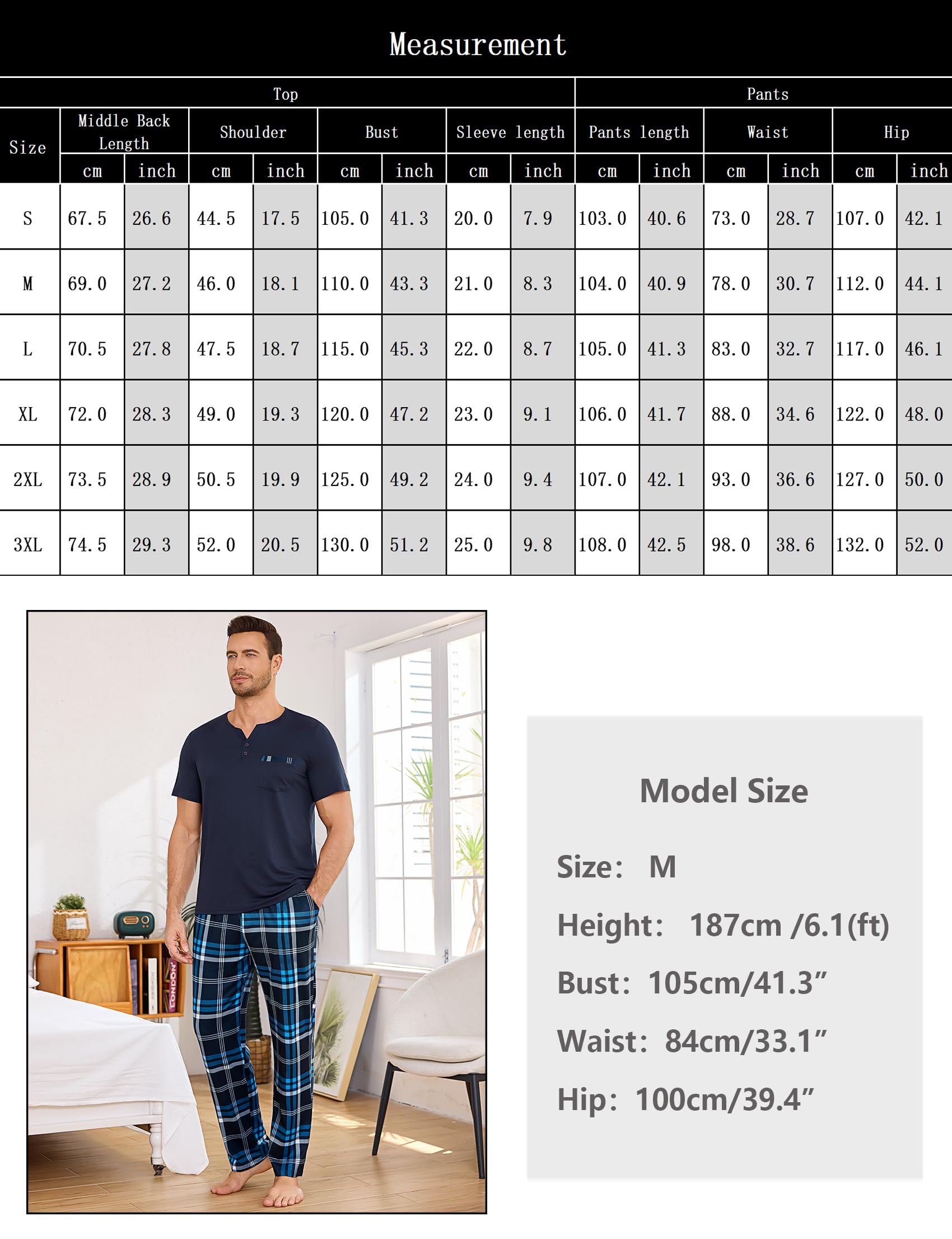 Bresdk Pijama Hombre Invierno Algodón Conjunto de Pijamas con Camiseta Manga Corta y Largos Pantalones con Bolsillos y Cordón 2 Piezas S-3XL