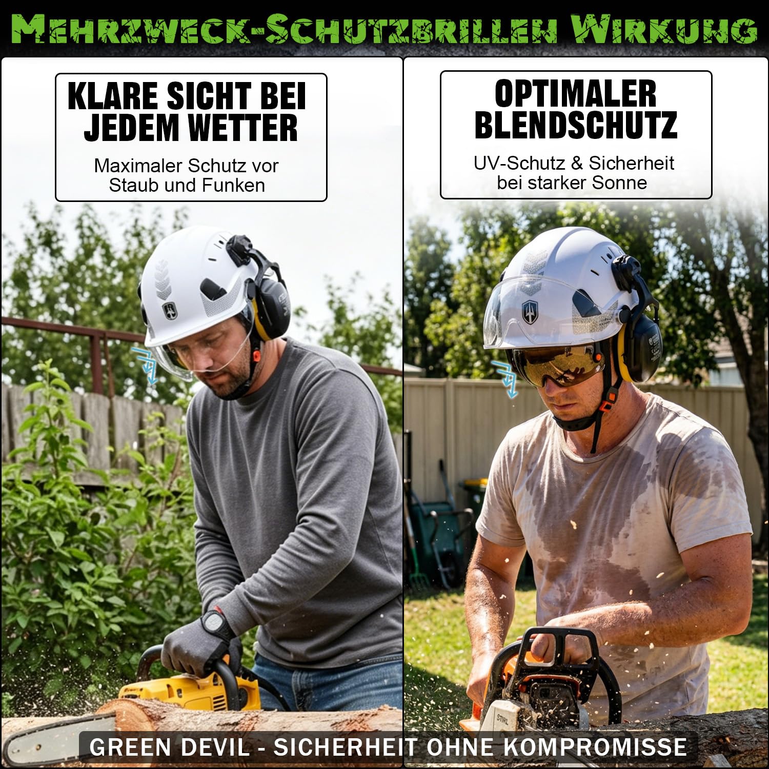 GREEN DEVIL Mervex kask ochronny – kask leśny z podwójnymi okularami ochronnymi EN166 i tłumikiem EN352 SNR32dB, certyfikat EN397, materiał ABS, unisex, do prac ogrodowych, wyrębów drewna i na placu