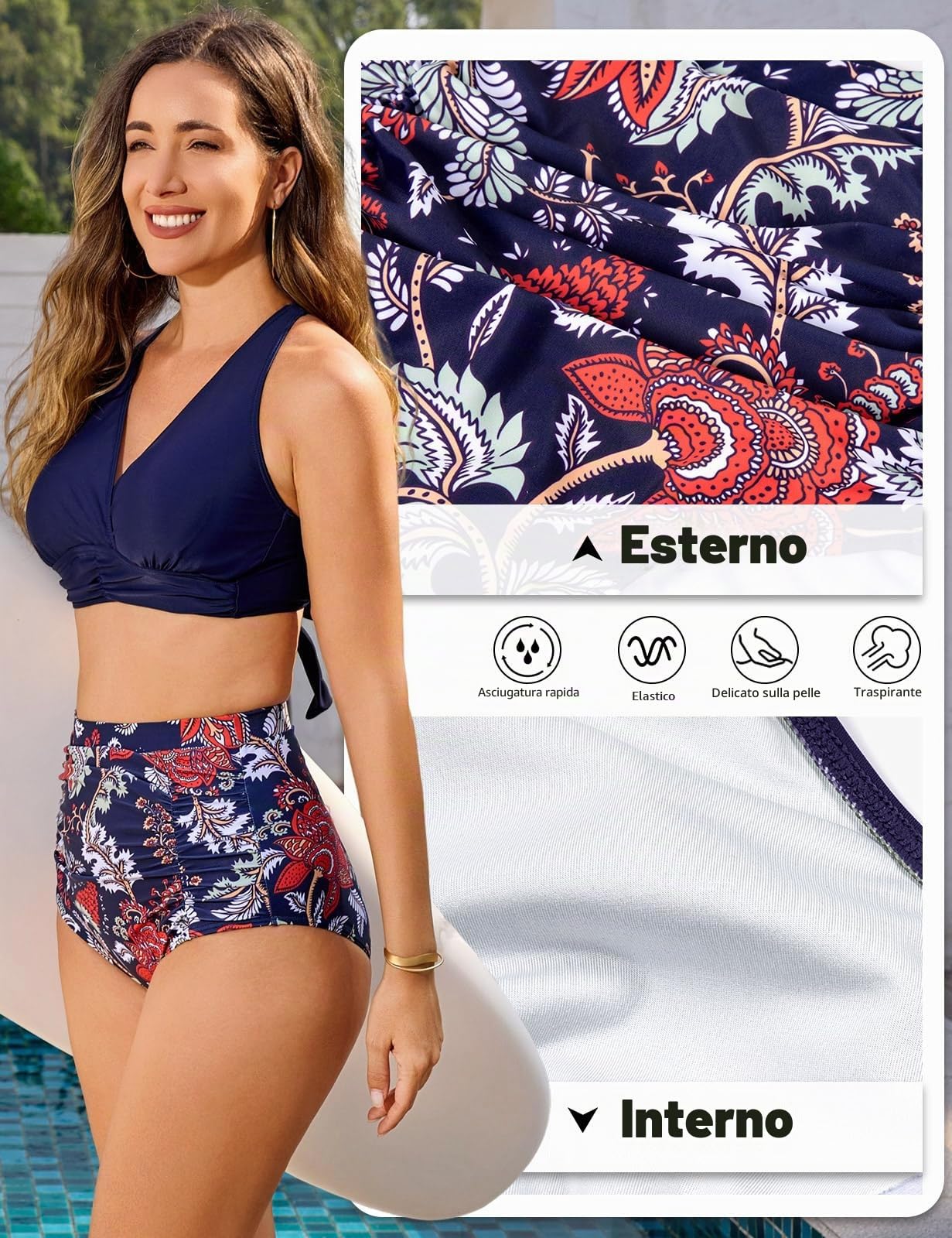 Voqeen Donna Costume da Bagno Vita Alta Push Up Imbottito Reggiseno Bikini Donna Due Pezzi Tummy Control Regolabile Costume da Bagno