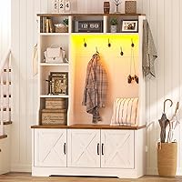 CSZZD 69" Farmhouse Hall Tree with LED Lights, Shoe Bench, 7 Hooks & 6 Cubbies - Entryway Storage Organizer