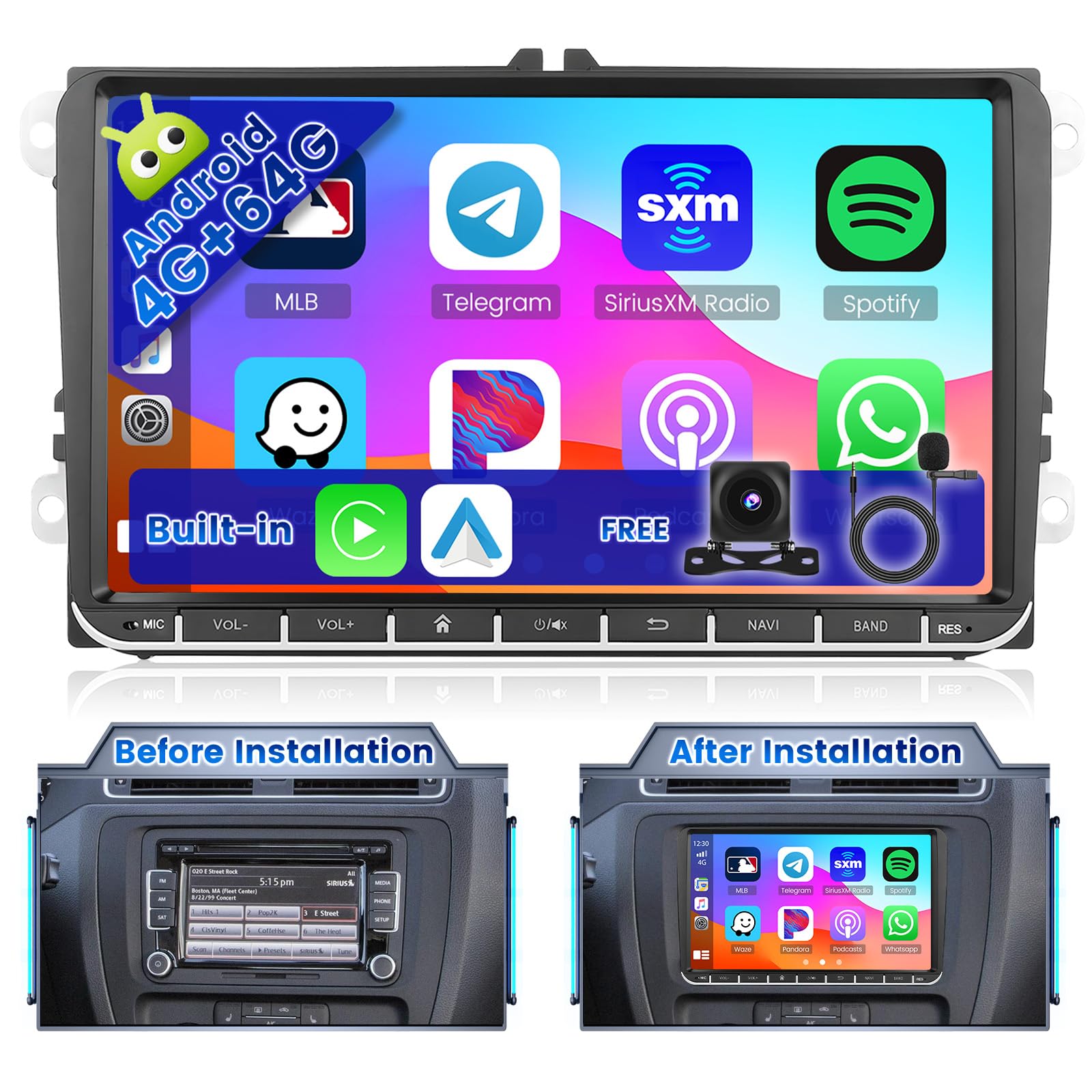 4+64G Android 15 Radio Coche para VW Golf 6 Seat Leon Passat Tiguan Polo Golf 5 Jetta Sharan T5 con Carplay Inalámbrico Android Auto Inalámbrico - 9" Pantalla Táctil WiFi FM/RDS GPS BT Cám