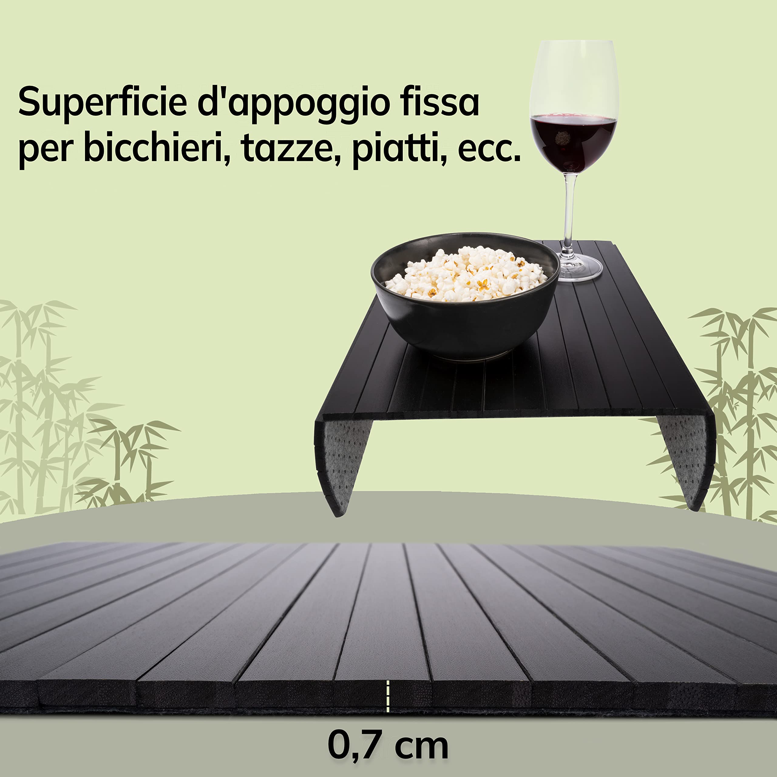 BAM BOO BOX Vassoio da Divano Bambù – Vassoio Bracciolo Divano 42x34x0,7cm – Portabicchieri Tavolino Aperitivo – Bambù Legno Naturale | Per Bicchieri, Tazze & Piatti (Nero)