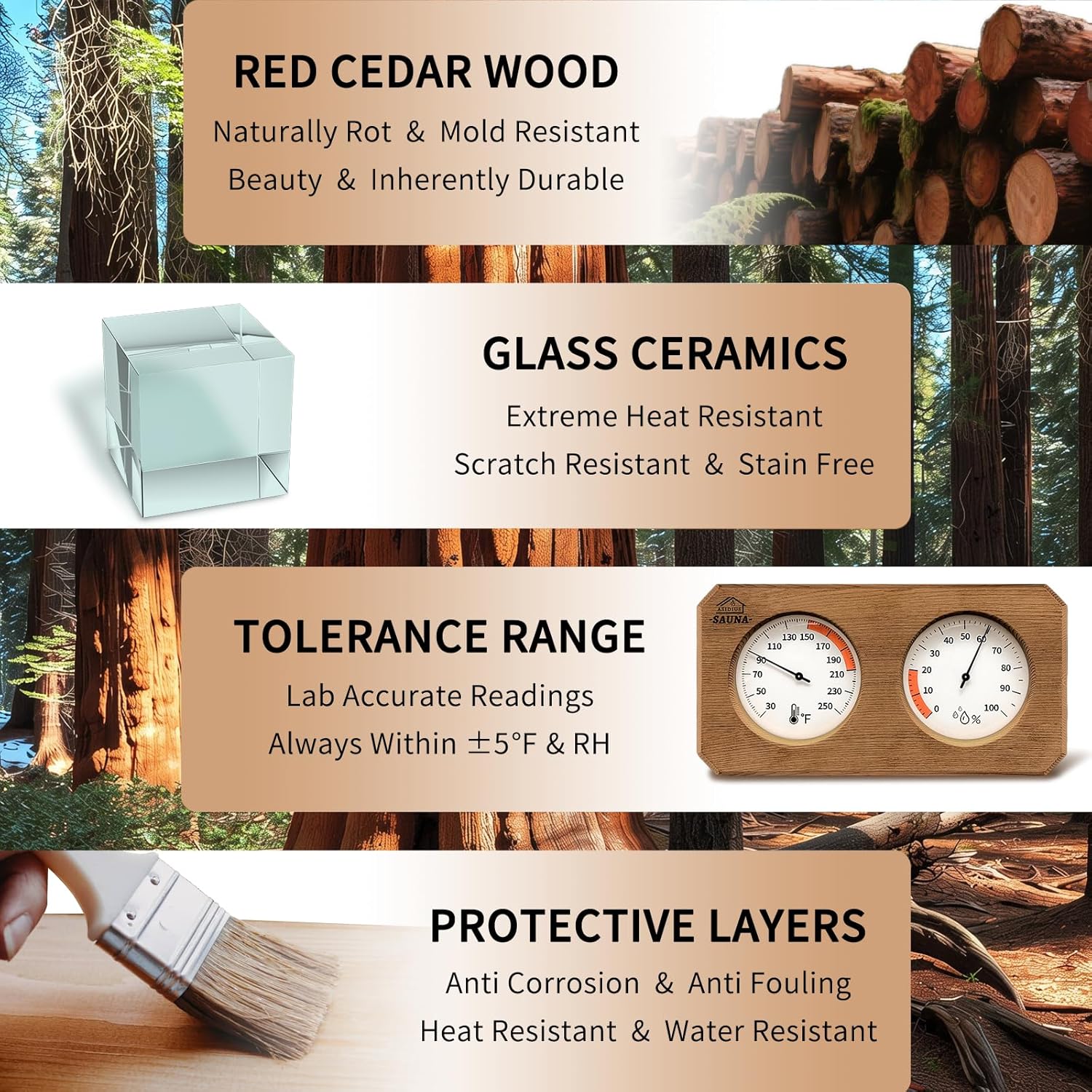 2-in-1 Sauna Thermometer and Hygrometer, Canadian Red Cedar Sauna Thermometer, Sauna Thermometer Fahrenheit Gauge for Sauna Room, Sauna Accessories