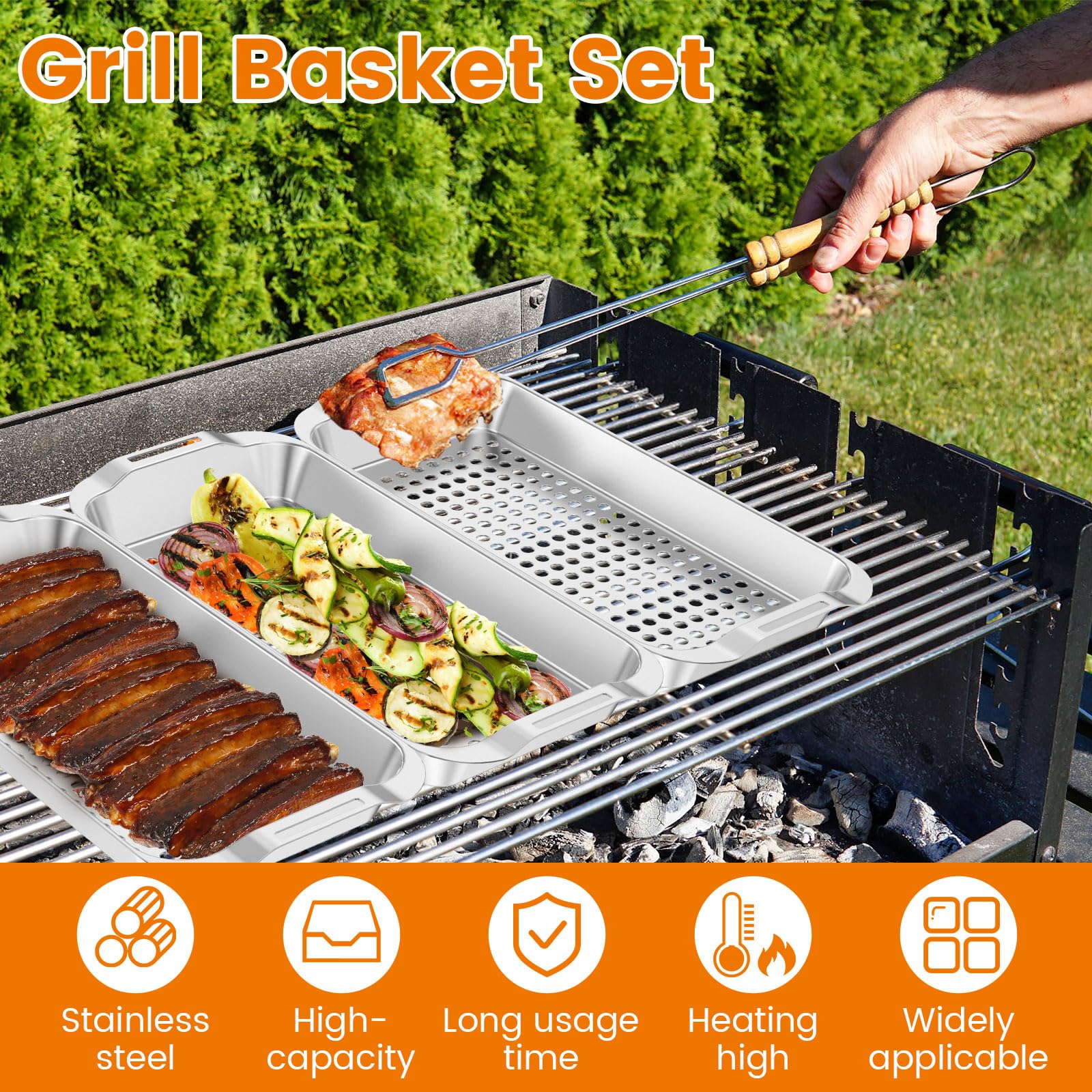 Juego de 5 cestas para barbacoa, bandeja de acero inoxidable, accesorios para barbacoa con agujeros, bandeja para servir y mango de elevación, sartenes para verduras, carne, pescado