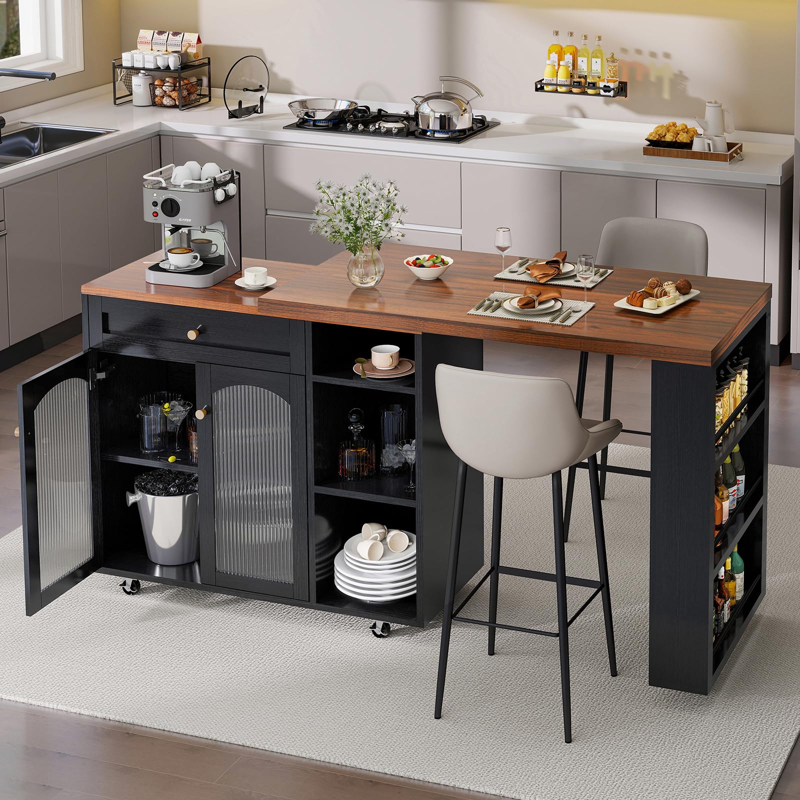 LYNCOHOME 71.1" Rolling Kitchen Island with 360° Rotating Tabletop, Mobile Lockable Wheels &amp; Adjustable Shelves, Multifunctional Storage Cart for Kitchen &amp; Dining（Black）