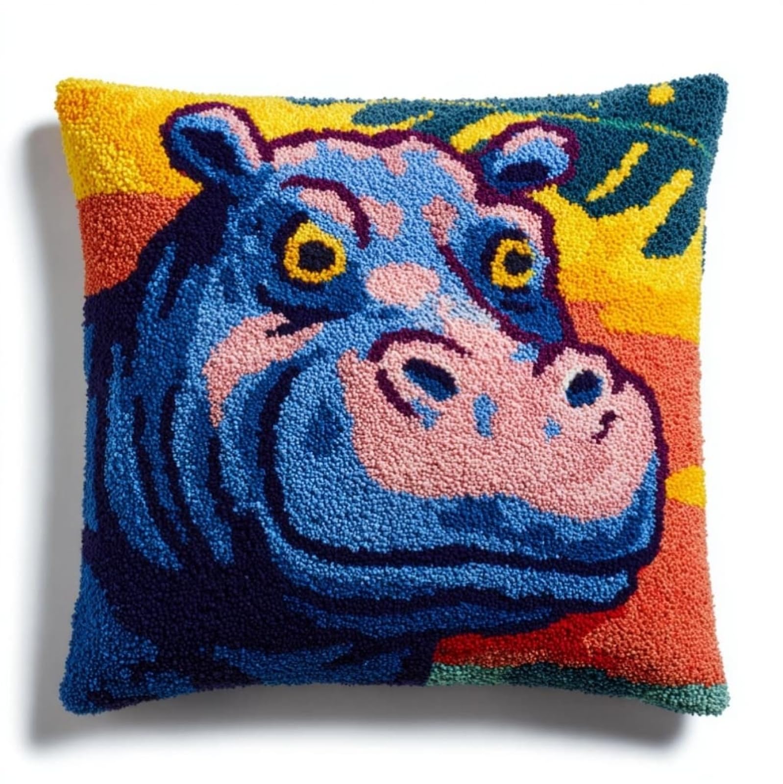 AxiangziK Latch Hook Kits for Adults Beginners 17x17in,Cartoon Hippo Creative Latch Hook Pillow Kit with Preprinted Canvas for Home Decoration and Present 43x43cm