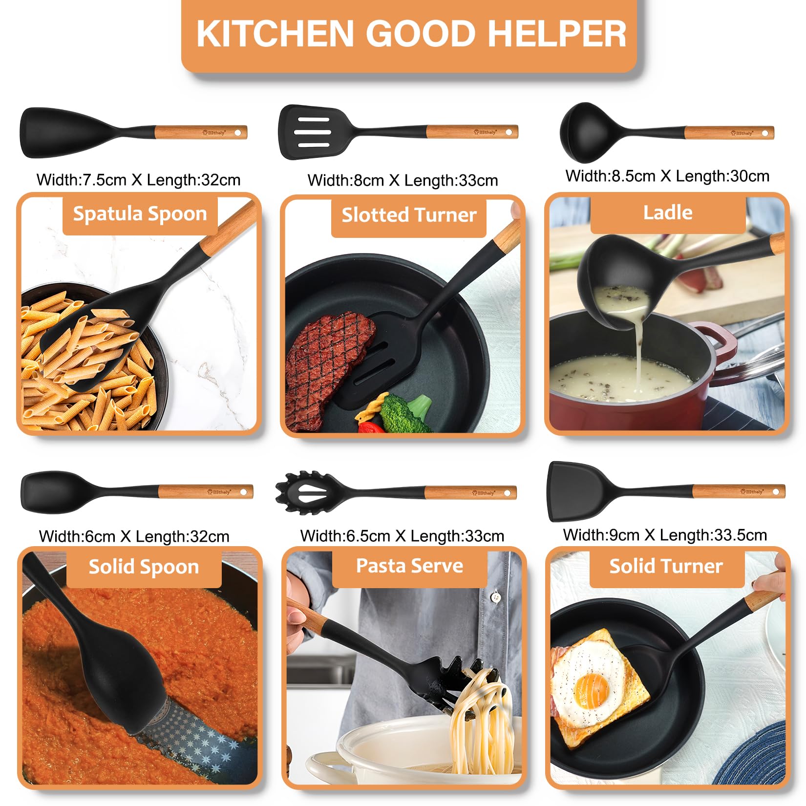 Set di utensili da cucina in silicone da 25 pezzi, con supporto, senza BPA, con manico in legno, spatole in silicone resistenti al calore con paletta per pentole antiaderenti (nero)