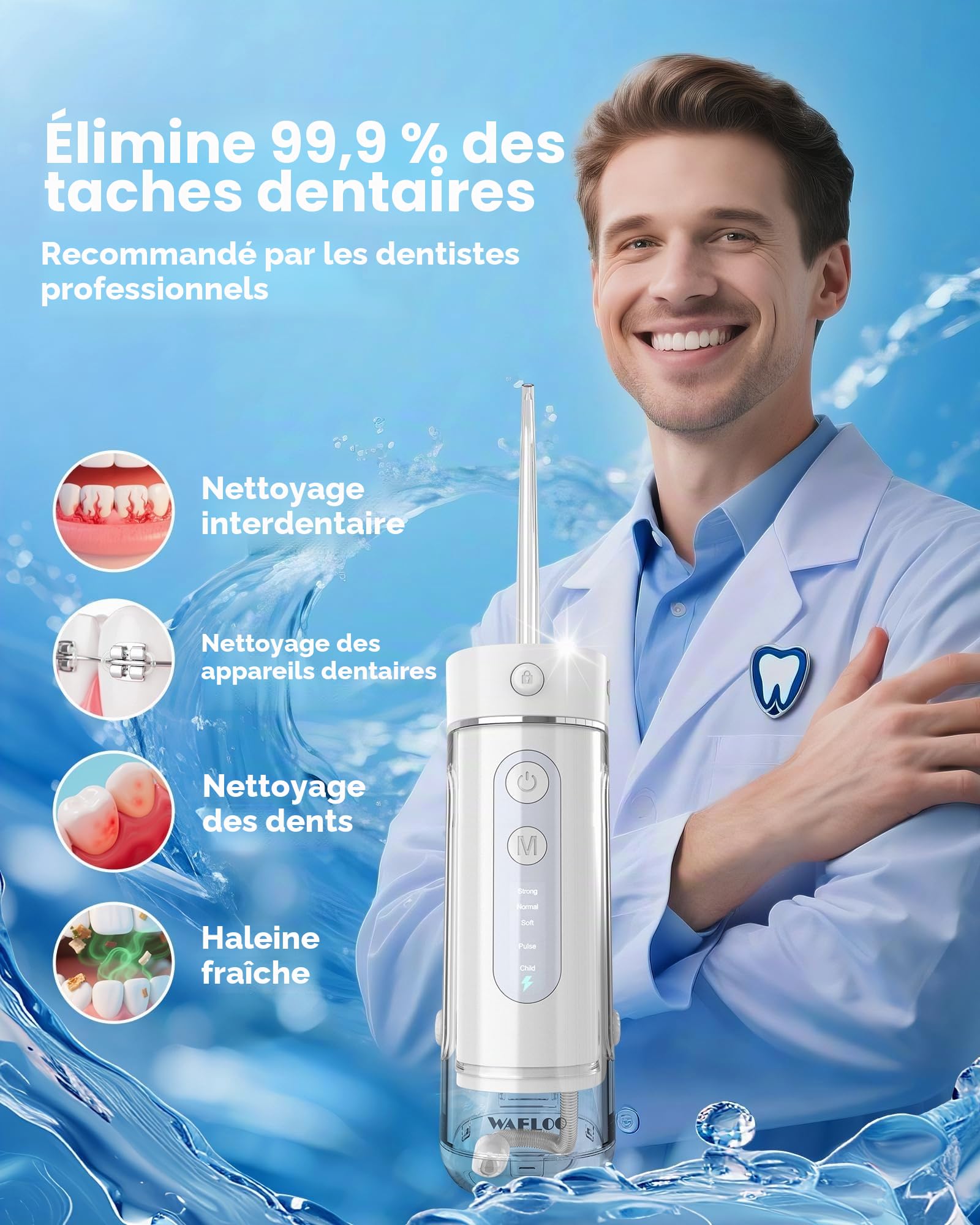 Mini Jet Dentaire Hydropulseur Portable, 5 Modes, Réservoir 180ml, IPX7 Étanche, Jet Dentaire de Voyage, Mini Water Flosser pour Maison et Déplacements, Blanc