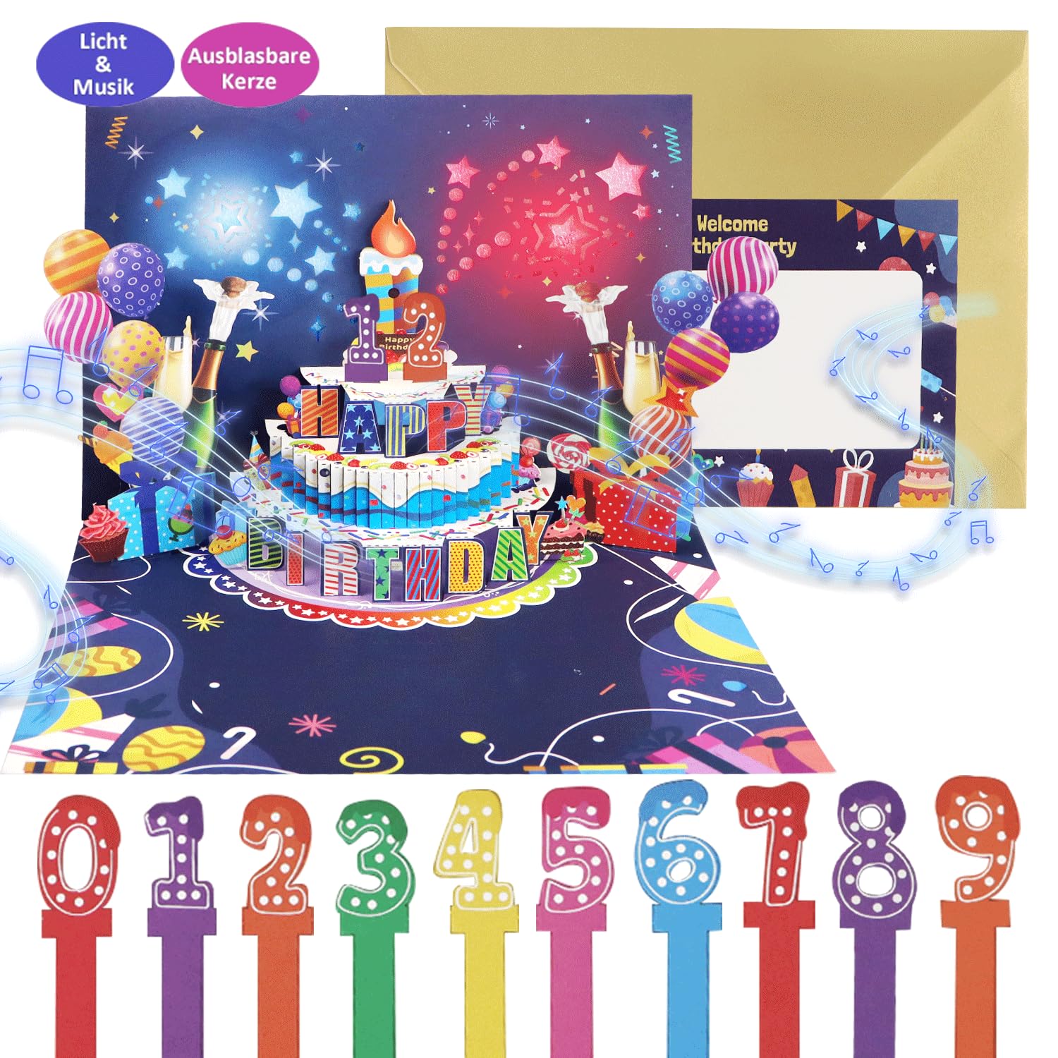 Biglietto D'Auguri Di Compleanno 3D Con Musica E Luci, Pop-up A Forma Di Torta Con Candeline, Include Busta, Regalo Per Donne, Uomini E Bambini, 15x15 Cm