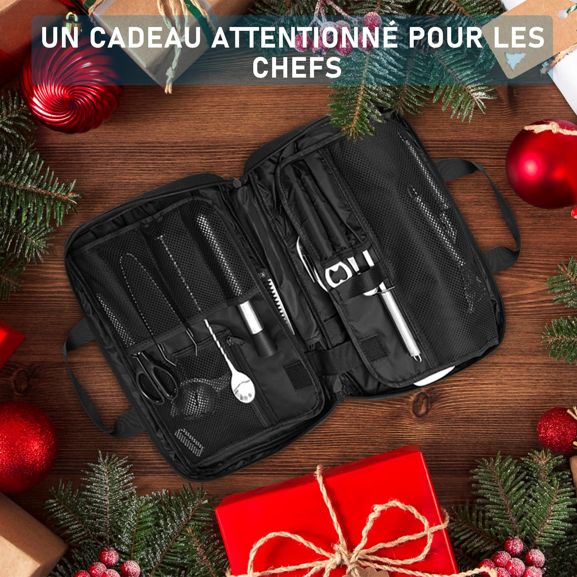 OUUTMEE Sac à Couteaux de Chef Professionnel avec 17 Emplacements, Étui de Transport de Couteaux Robuste, Sac de Rangement pour Couteaux de Chef pour Couteaux et Ustensiles de Cuisine, Noir (Petit)