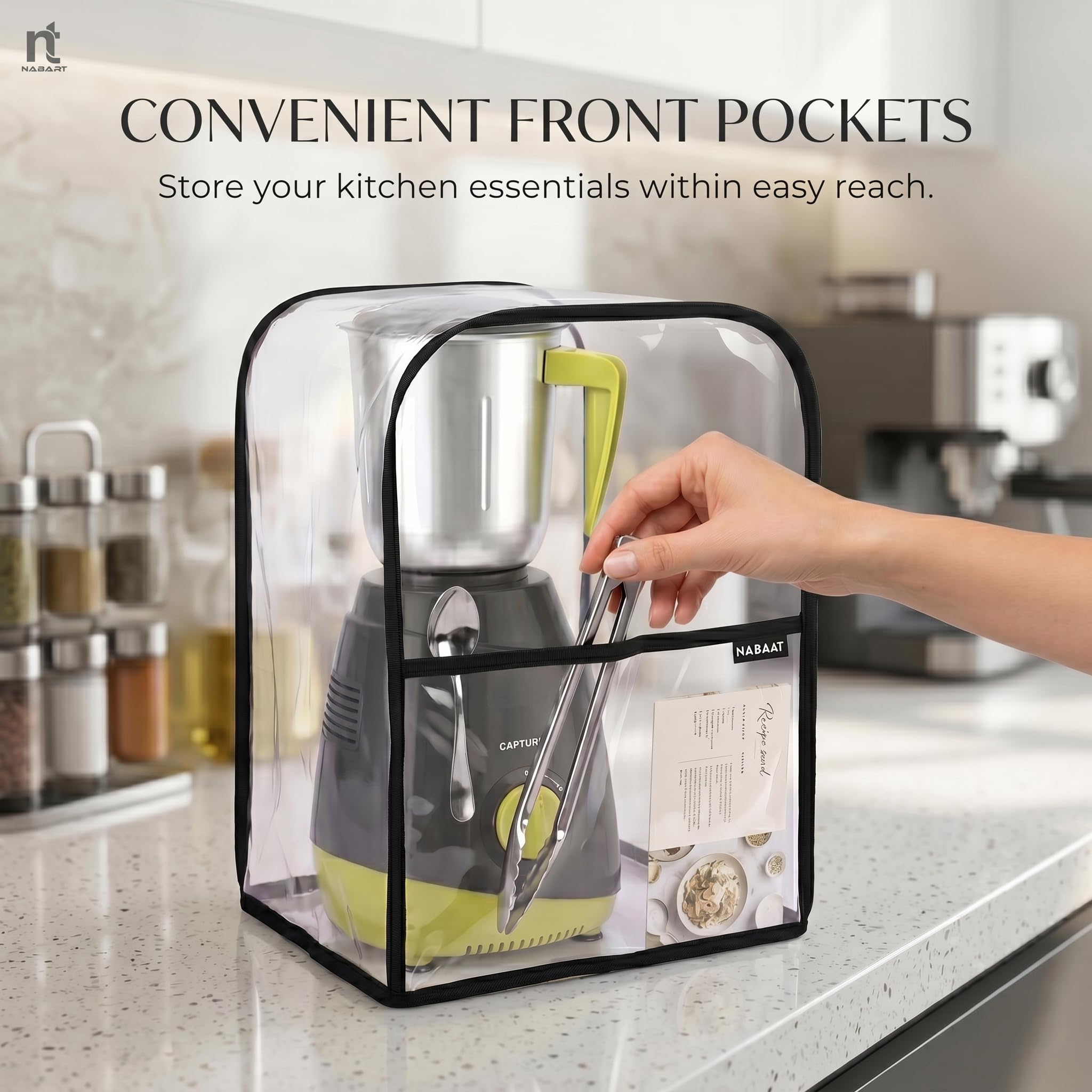 NABAAT Plastic Transparent Waterproof Mixer Grinder Dust Cover For All Types Of Mixie Kitchen Table Top, With Front Pocket To Store Small Kitchen Accessories, Transparent (8"X 8"X 12.5") — Amazon image 4