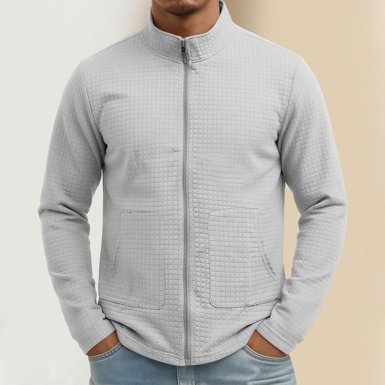 Men's Quilted Full Zip Jacket Pockets Stand Collar Winter Warm