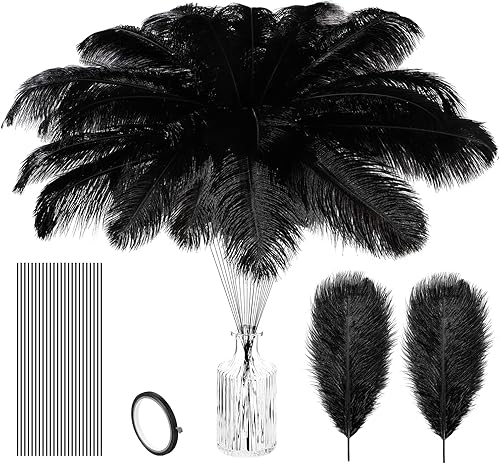 Yunlly El juego de 25 plumas naturales de avestruz incluye 12 centros de mesa de plumas de 12 a 14 pulgadas para mesas, plumas a granel, 12 cables y