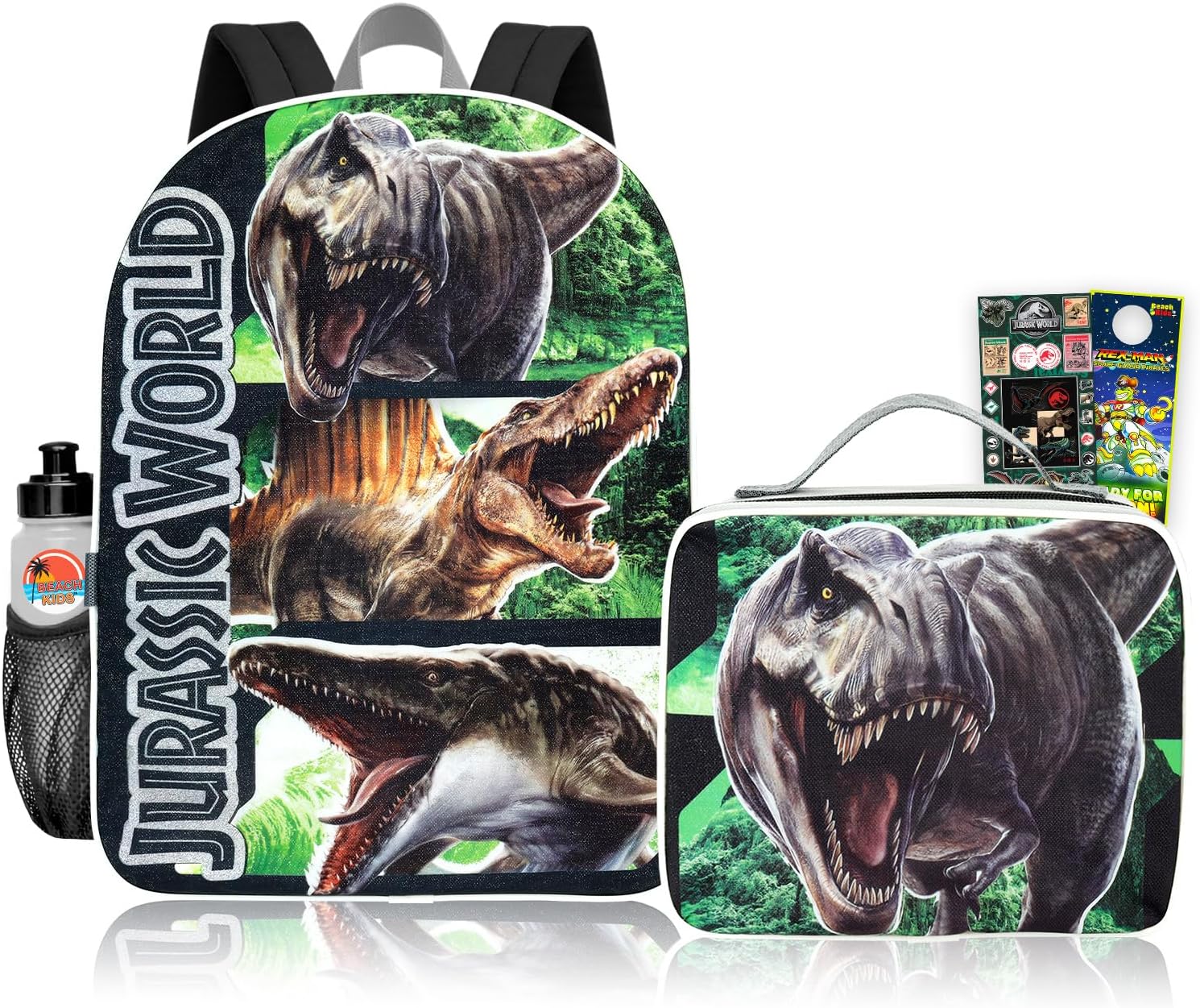 Jurassic World Backpack with Lunch Box - Bundle with Dinosaur Backpack, T-Rex Lunch Bag, Water Bottle, Stickers, More | Jurassic World School Bag with Lunchbox Set