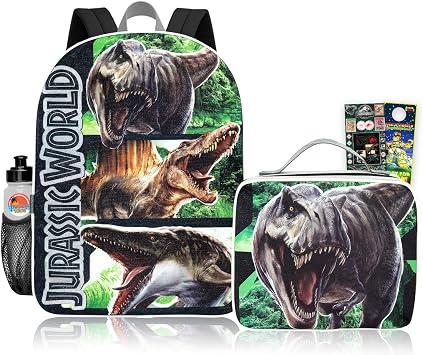 Jurassic World Backpack with Lunch Box - Bundle with Dinosaur Backpack, T-Rex Lunch Bag, Water Bottle, Stickers, More | Jurassic World School Bag with Lunchbox Set