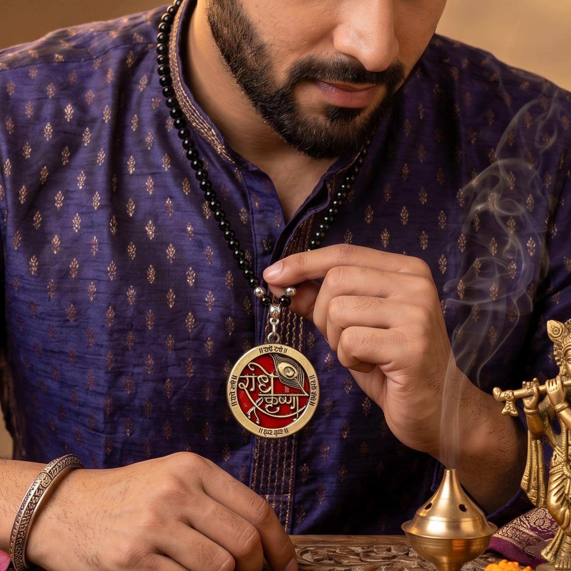 Radhe Krishna Pendant with Black Beads | Spiritual Devotional Chain for Men-image-38