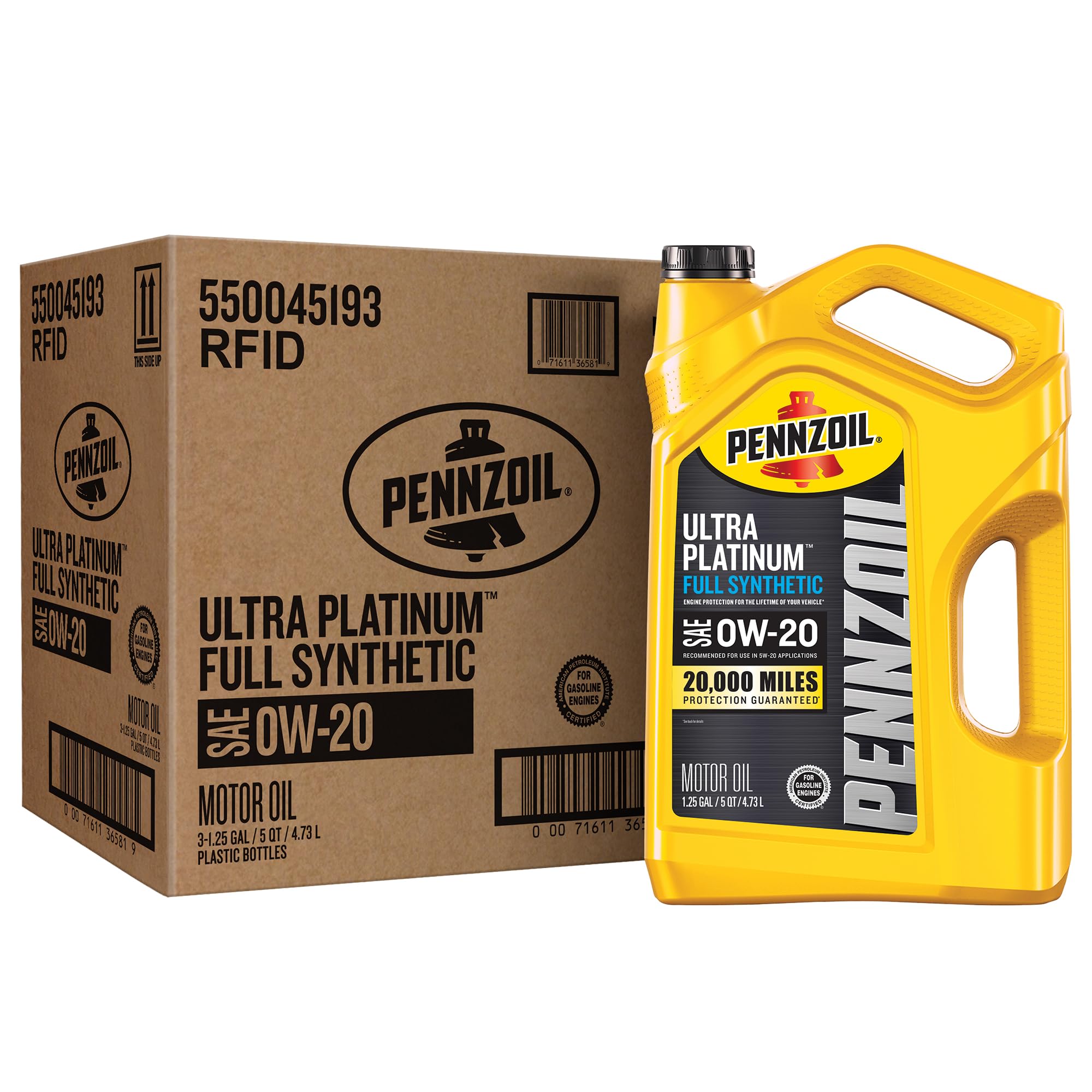 Pennzoil Ultra Platinum Full Synthetic 0W-20 Motor Oil, 5 Quart (3 Pack)