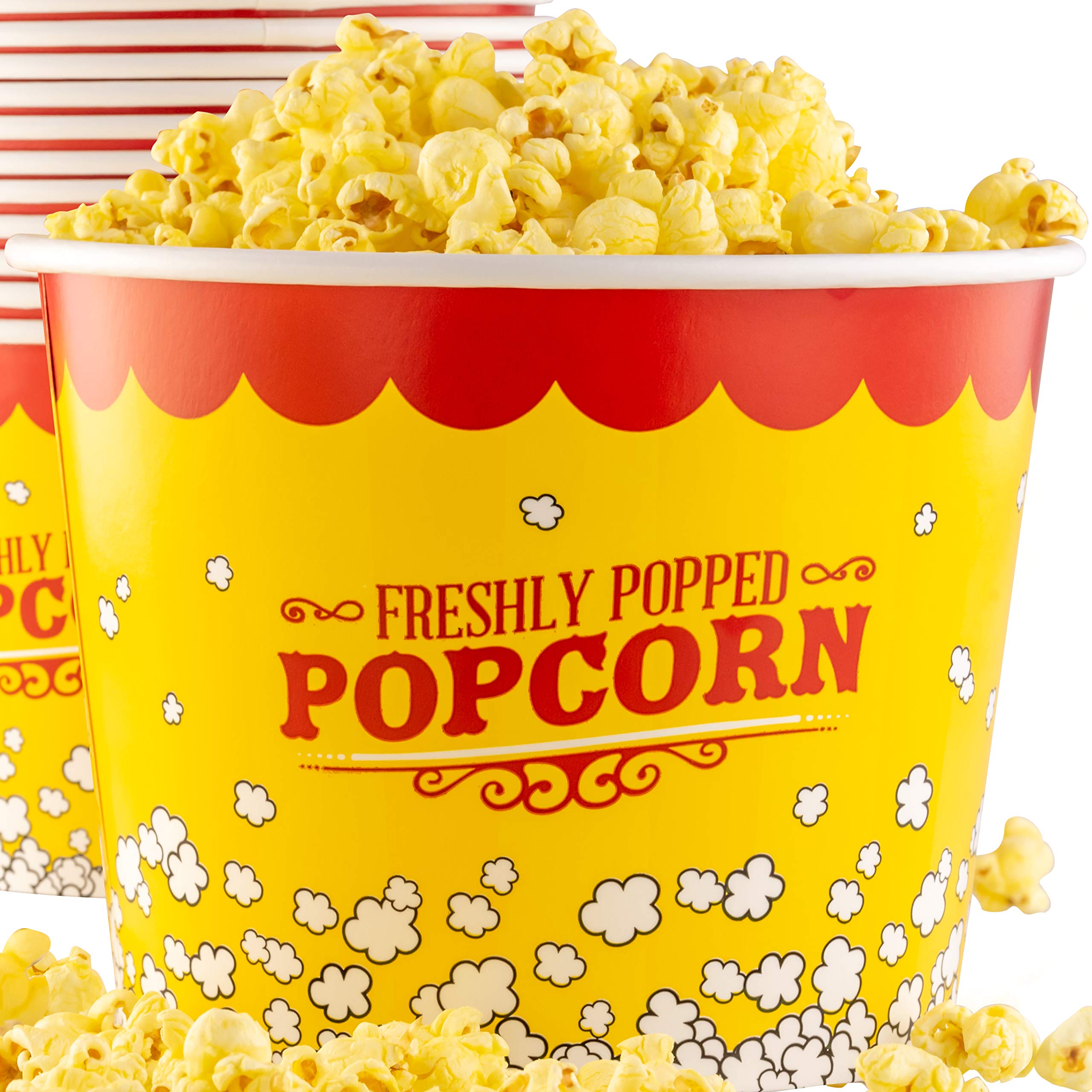 Greaseproof, Retro 85oz Popcorn Buckets 12 Pack. Reusable and Durable Pop Corn Tubs in Red Yellow. Large Disposable Containers Perfect For Movie Night, Theme Party, Theater, Carnivals & Fundraisers