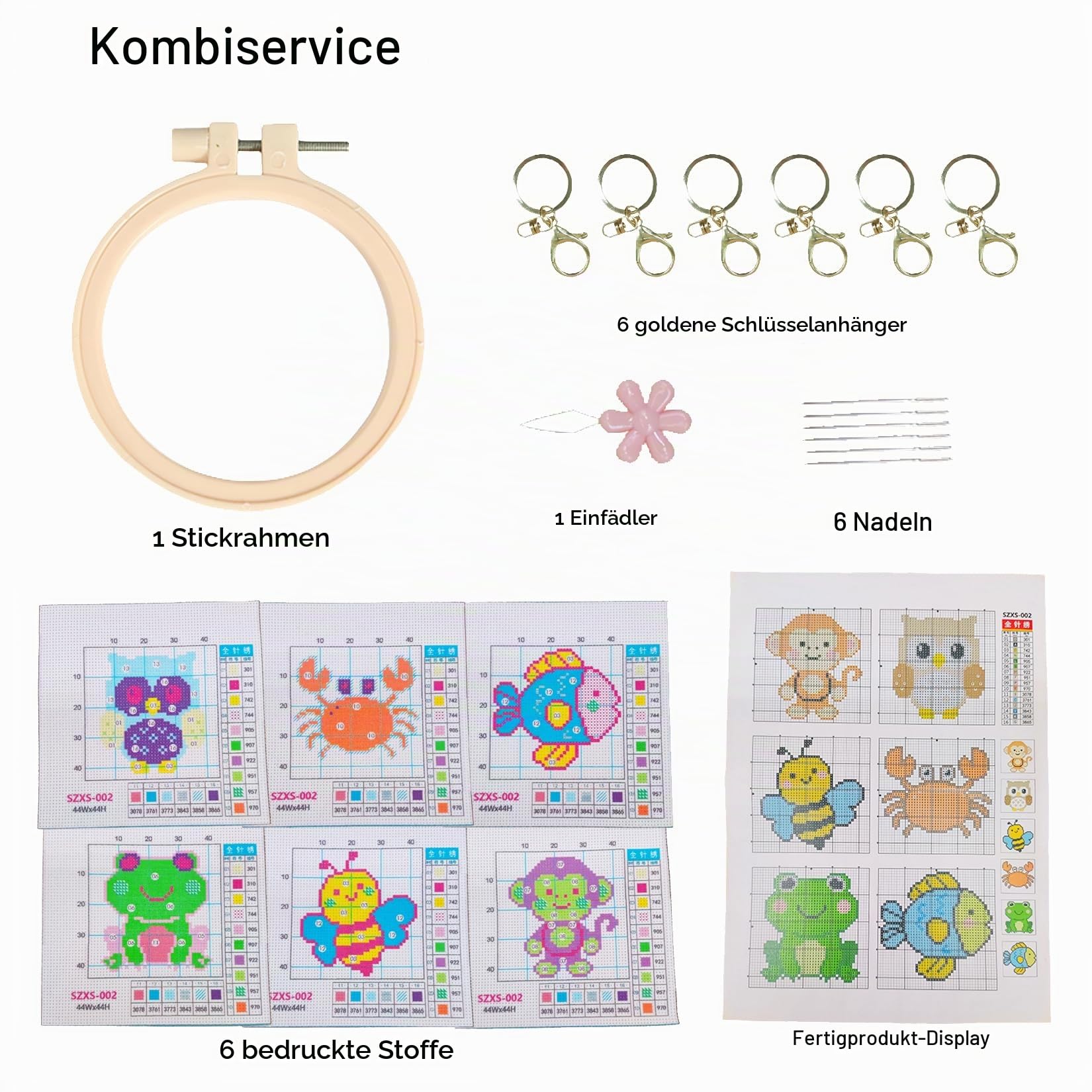 57lilina Einfache Stickset Kinder ab 8 Jahren & Anfänger, 6 Stück | Süß Stickbilder zum Sticken, DIY Klein kreuzstich Set Vorgedruckt für Rucksack-Ornament, Schlüsselanhänger & Geschenke