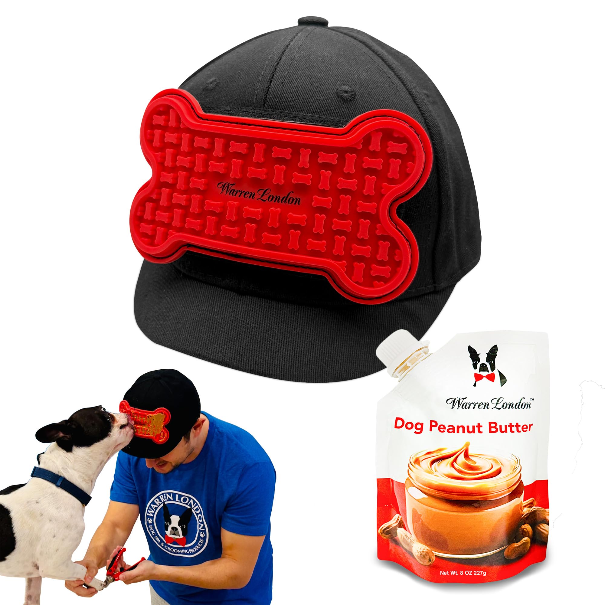 Warren London Hat/Snack Combo - Distract-A-Hat™ Grooming Distraction Tool + 8 oz All-Natural Roasted Peanut Dog Peanut Butter, Xylitol-Free Enrichment &amp; Anxiety-Relief